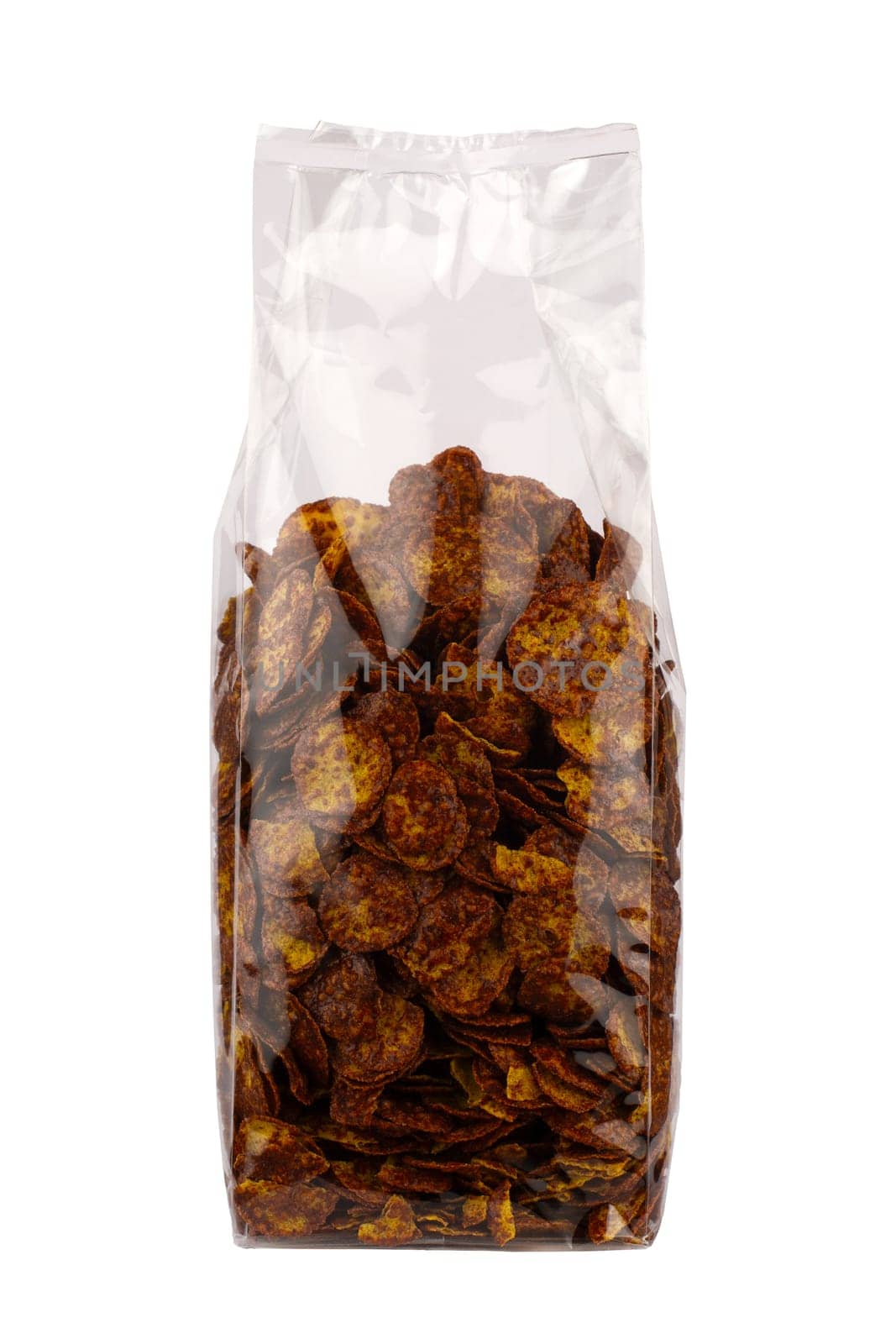 front view closeup of chocolate cornflakes breakfast cereals in tall transparent packaging isolated on white background