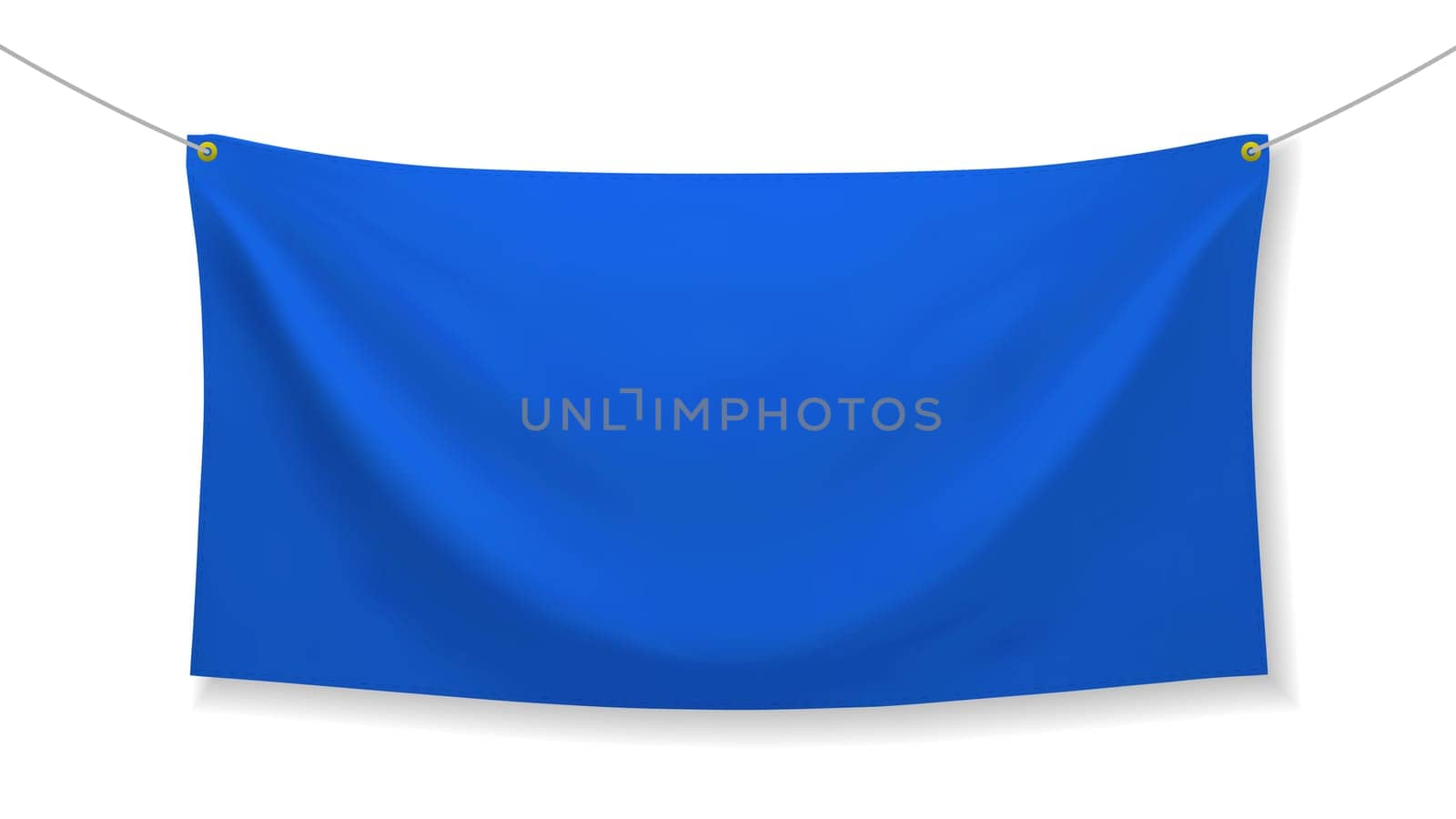 Blue fabric banner with folds, isolated on white background. Blank hanging fabric template. Empty mockup. Vector illustration