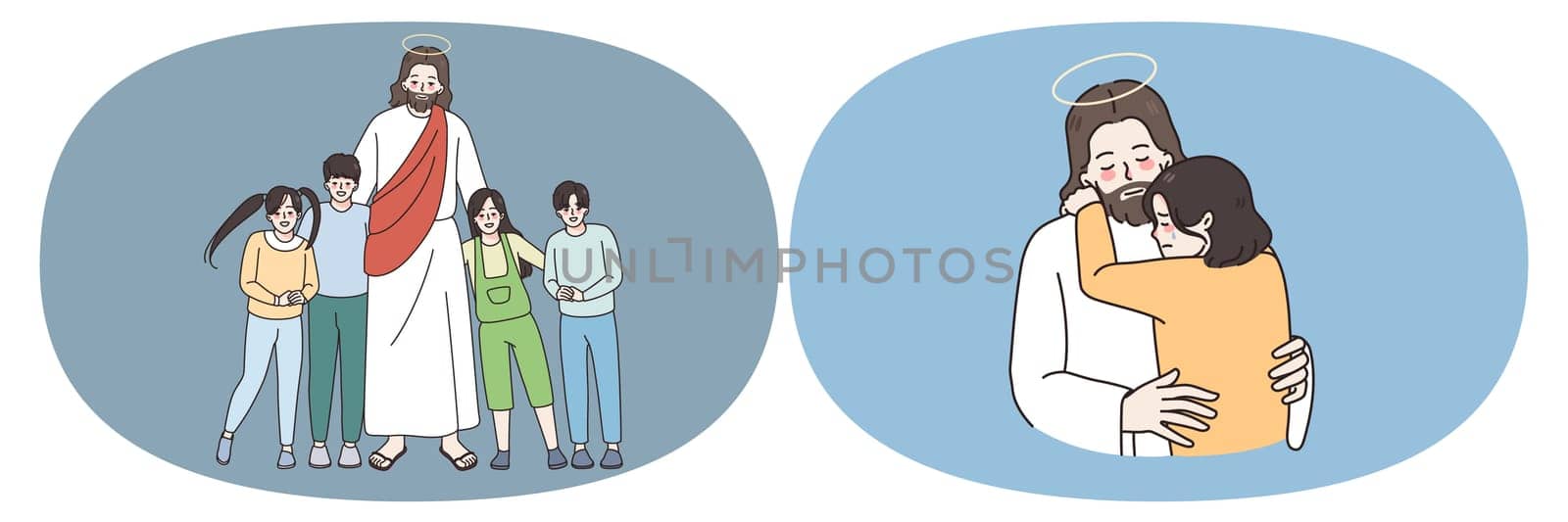 Religion education and children concept. Set of small excited children with jesus christ standing hugging and feeling confident and love vector illustration