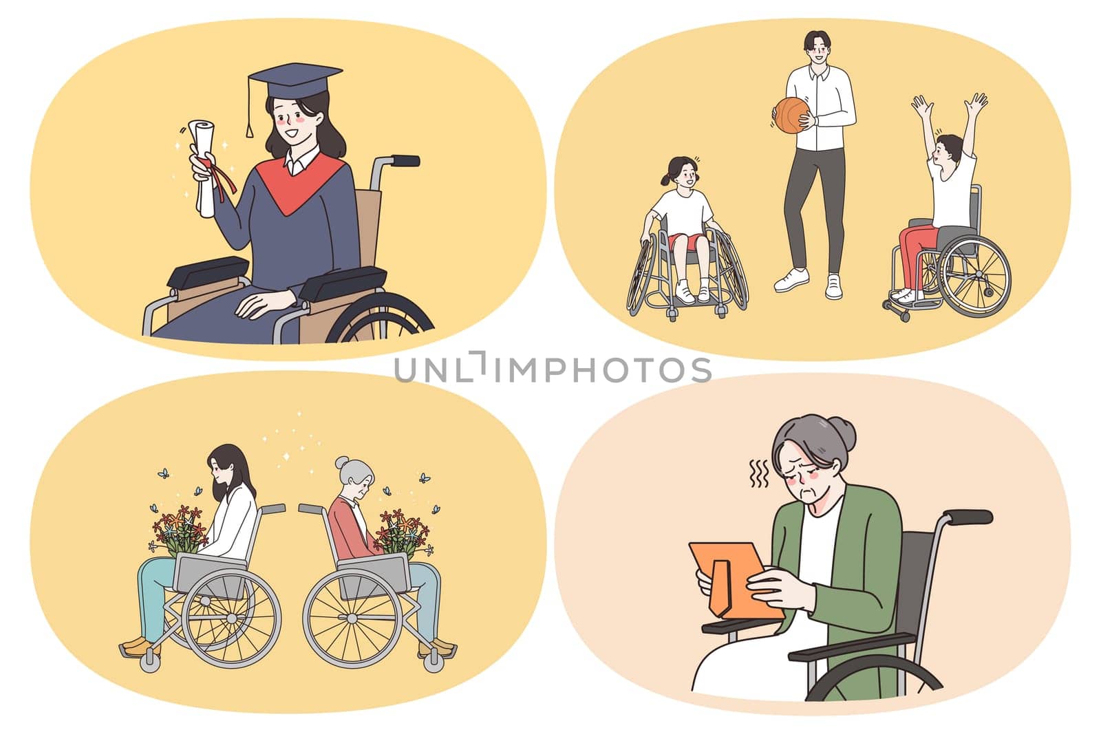 Lifestyle of wheelchair people concept. Set of young and elderly wheelchair people graduating from university playing basketball buying flowers feeling sad looking at photo vector illustration