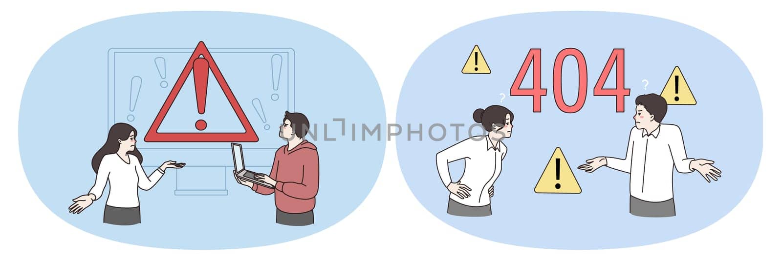 Technical problem and page not found concept. Set of business people having technical problems in computers and feeling frustrated with error on page vector illustration