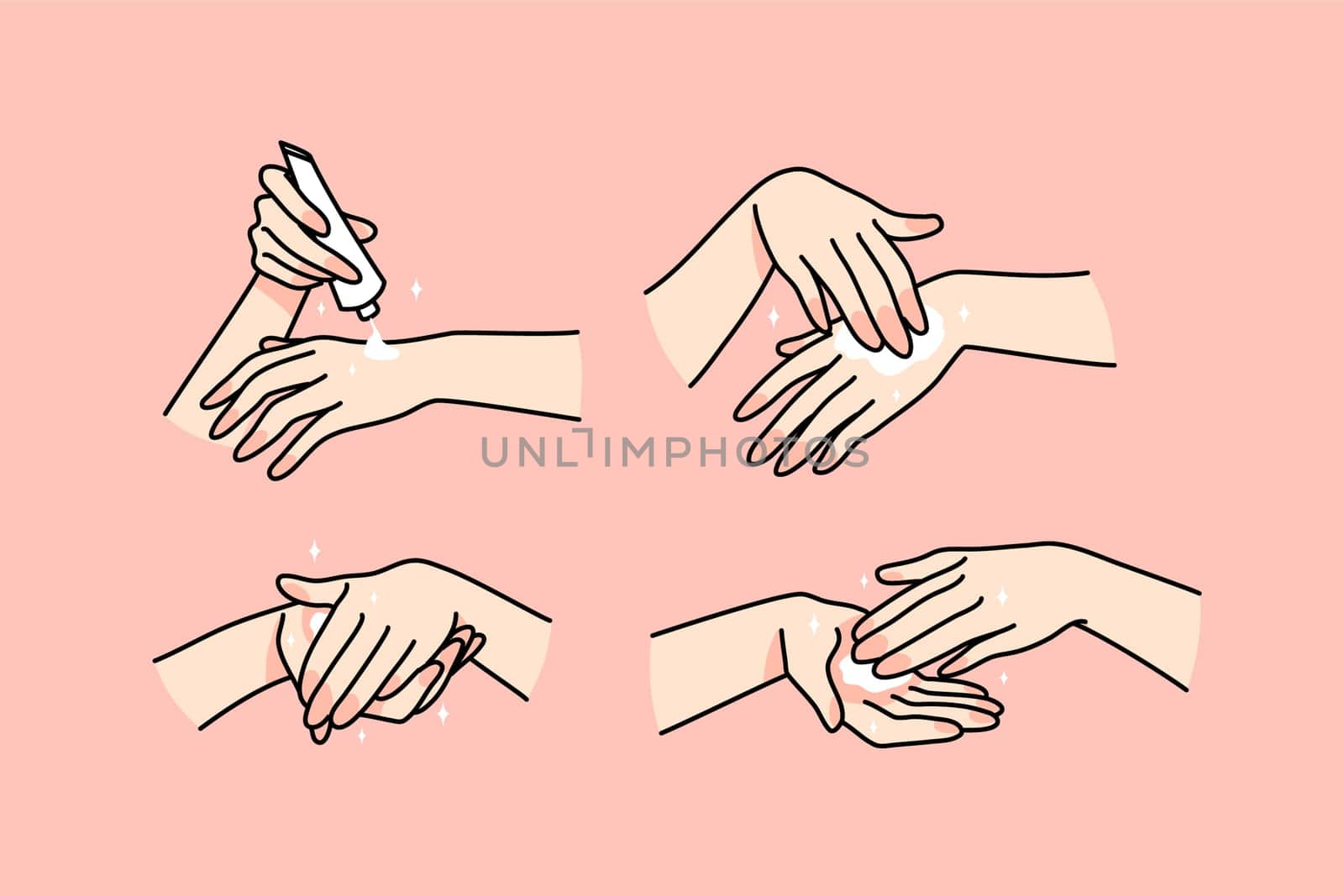 Close up set of woman hands apply cream or lotion from bottle. Collection of girl put use balm on body. Skincare and hygiene concept. Beauty and cosmetics. Flat vector illustration.