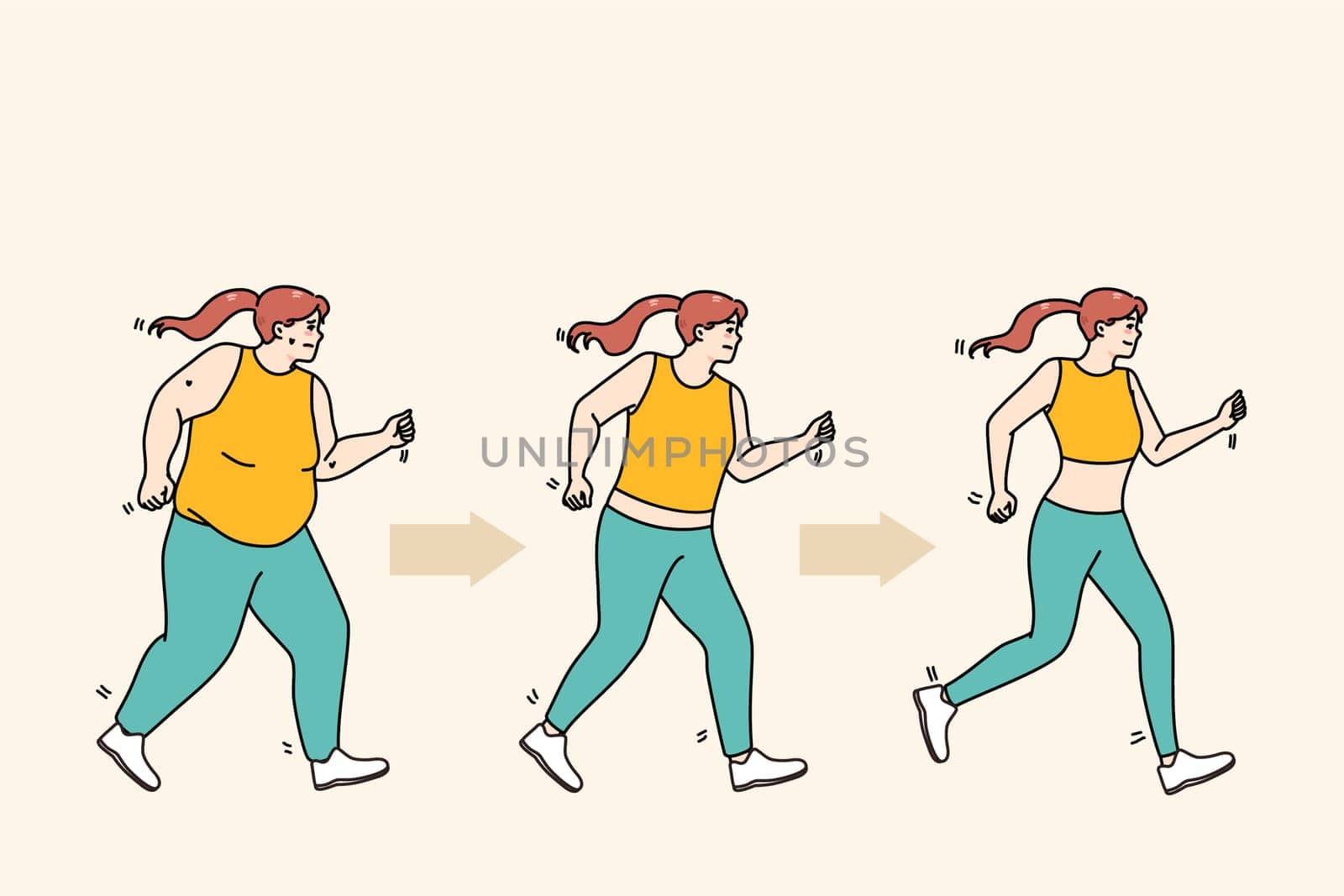 Young woman in sportswear jogging lose weight. Overweight fat female do sports exercise train for good body shape. Diet and wellness concept. Flat vector illustration.