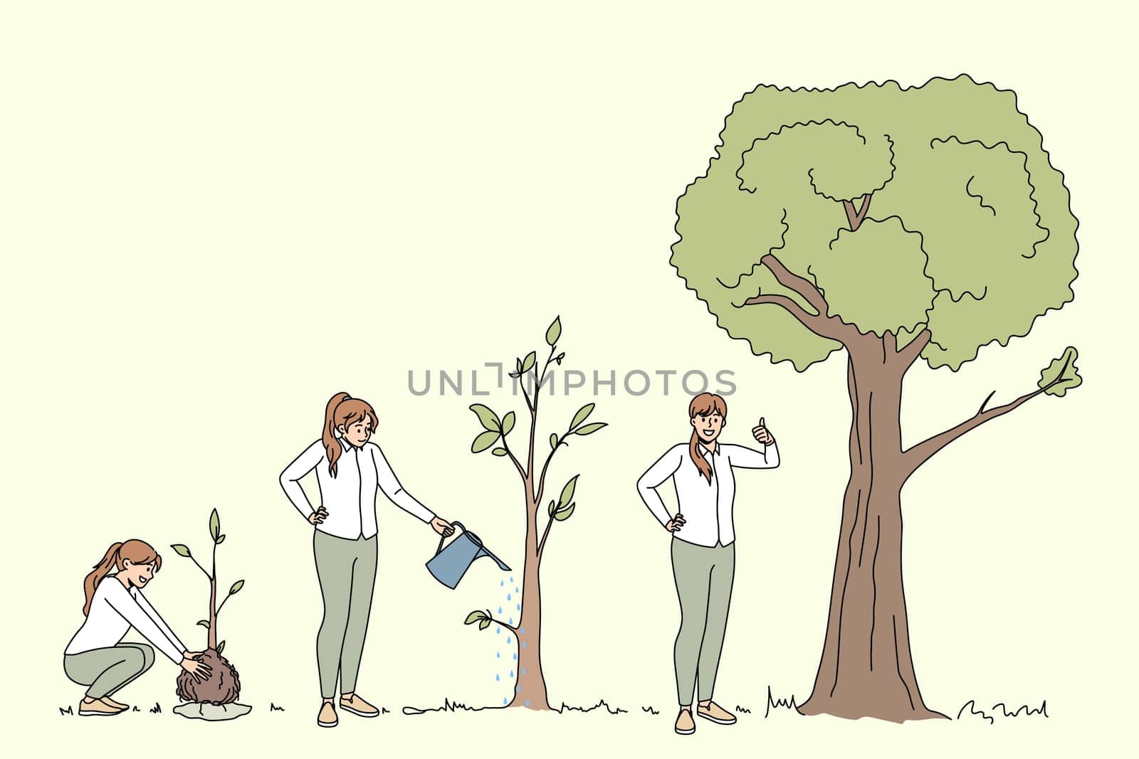Ecological conversation and ecosystem concept. Young positive women planting watering and growing trees showing thumbs up sign vector illustration