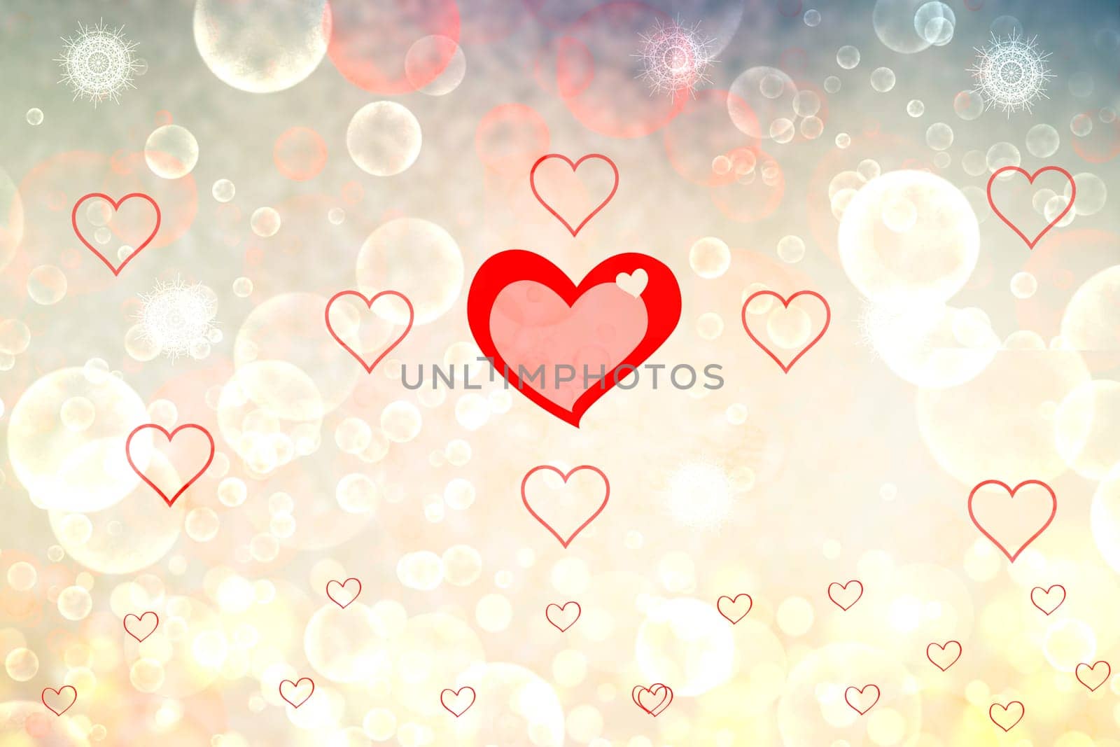 Wedding or valentine day card template. Abstract festive blur bright yellow pastel background with red hearts love bokeh and stars for wedding day.  Romantic textured backdrop with space.