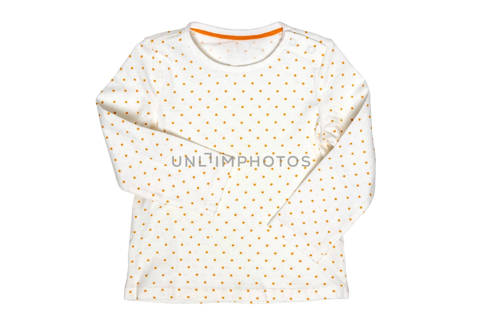 Summer shirt isolated. Closeup of a white baby girl shirt or t-shirt with yellow polka dots isolated on a white background. Clipping path. Children spring fashion.
