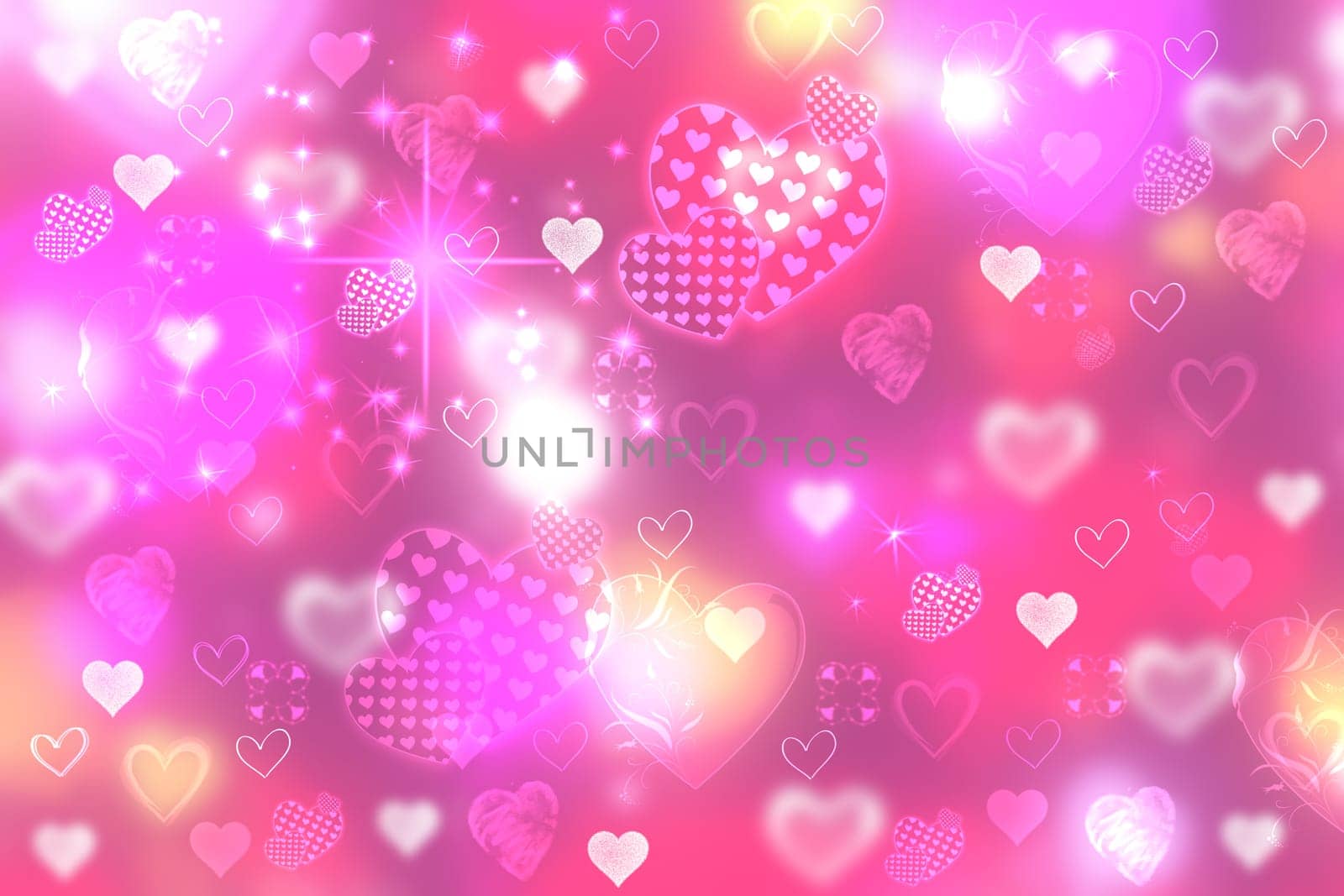 Abstract festive blur red pink magenta background with light pink hearts  love bokeh for wedding card or Valentine day.  Romantic textured backdrop with space for your design. Card concept.