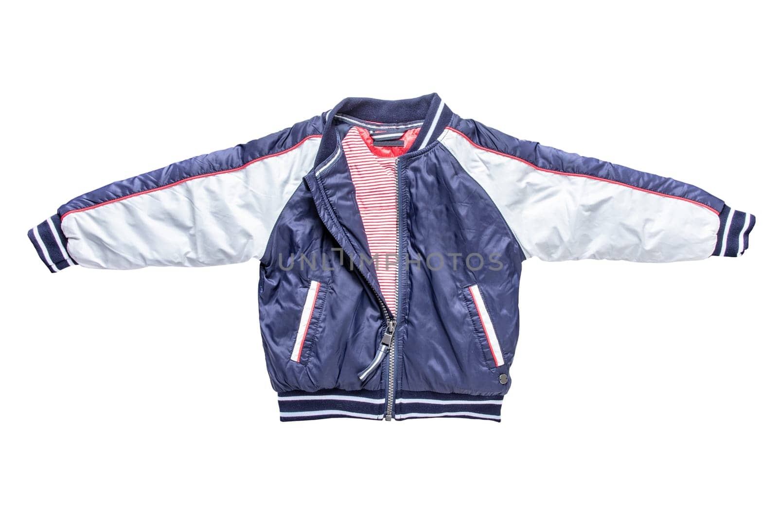 Childrens jacket for spring and autumn. Stylish blue white warm down jacket for kids isolated on a white background. Clipping path. Trendy fashion for child.