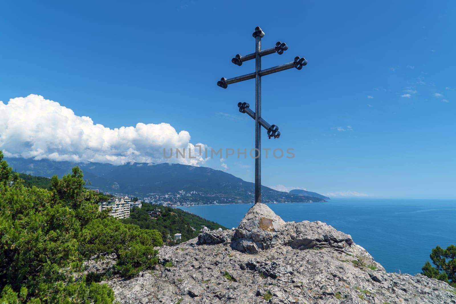 Orthodox cross on Mount Krestovaya in the village of Oreanda. Crimea. Yalta