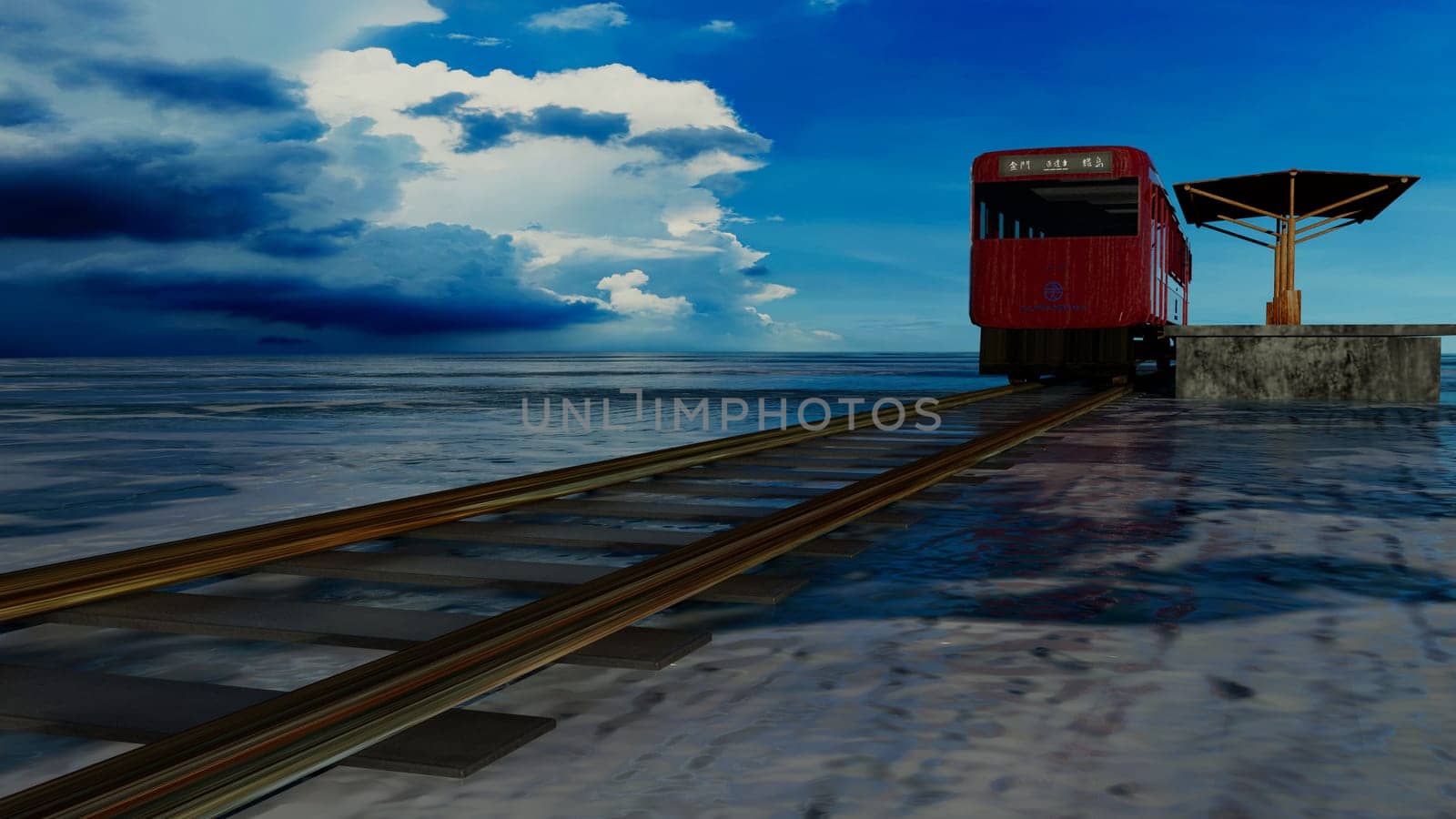 3d rendering nice train view with nice background ,with chinese character direct train from Jinlu to Green Island