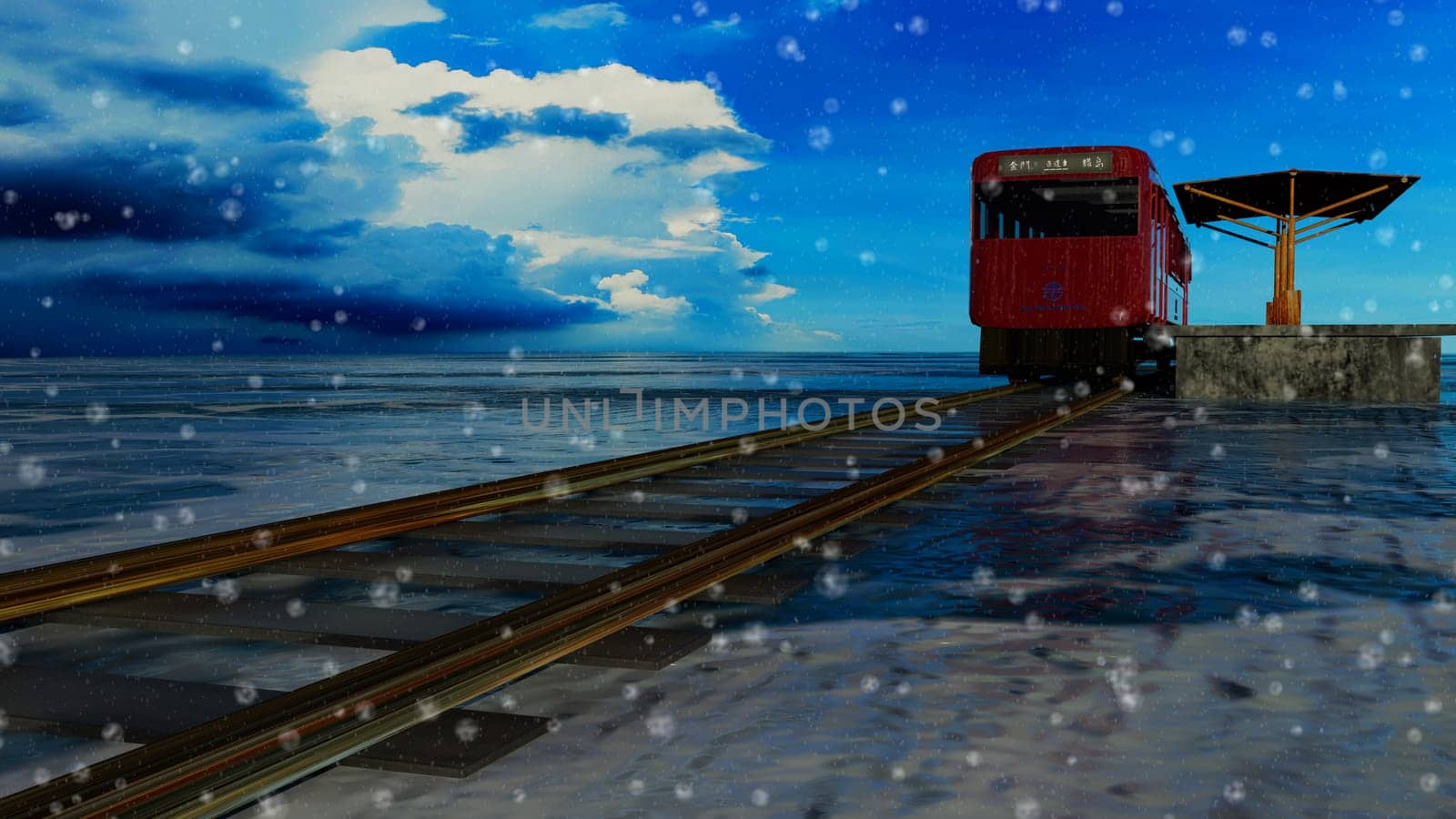 3d rendering nice train view with nice background ,with chinese character direct train from Jinlu to Green Island