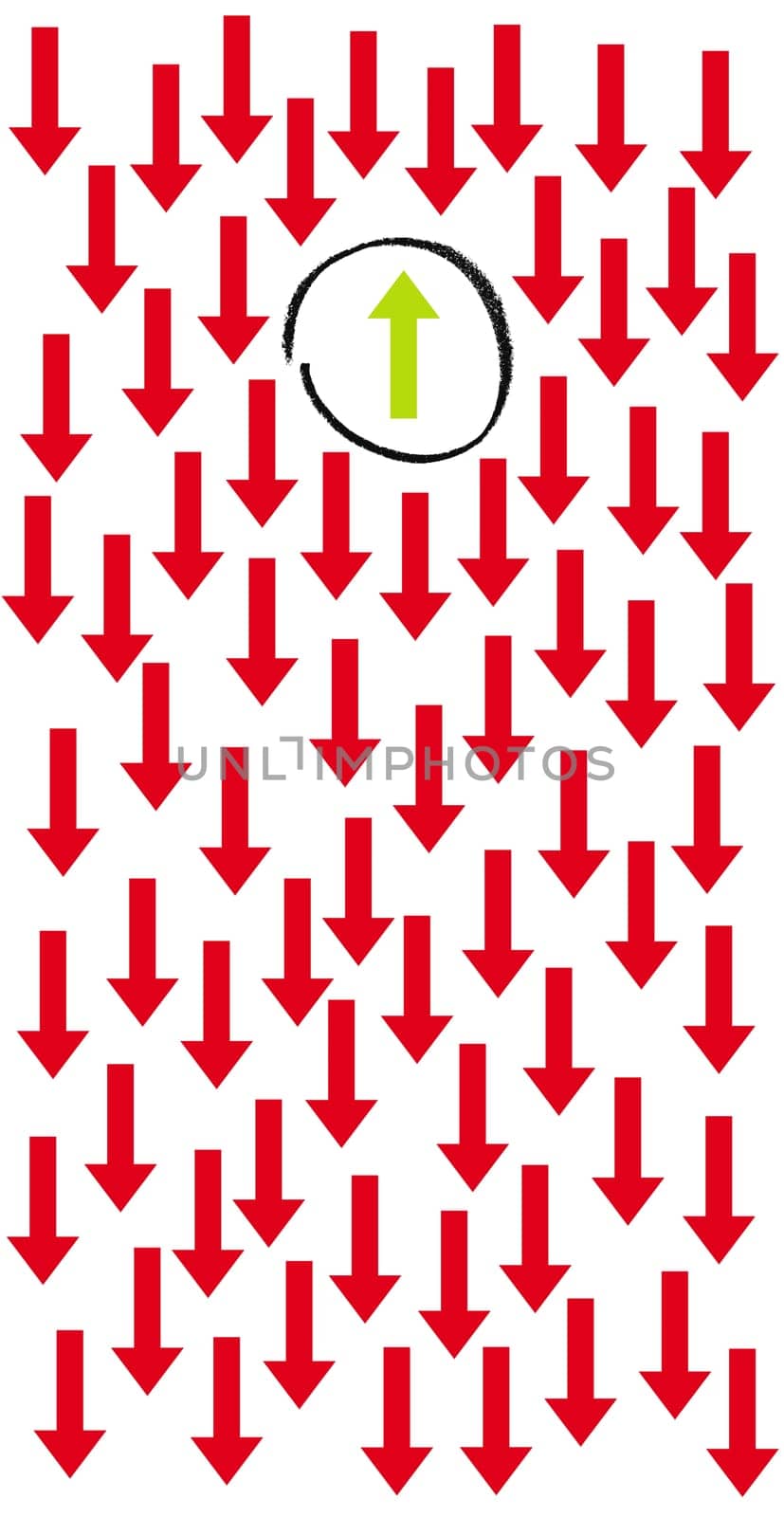 Individual concept - Many red arrows and one green arrow showing in different direction