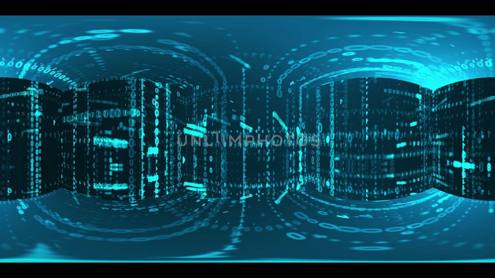 Panoramic view of data matrix code in 3d render volumetric futuristic design. Cyber columns with incoming information on servers with swirl of information processing and web lines of numbers.