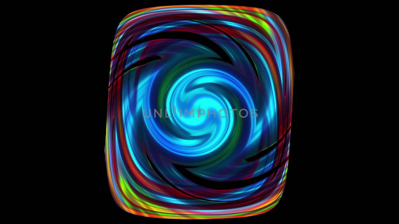Circular geometric swirl with 3d render gradient and dynamic movement. Hypnotic swirling spiral lines with bright wave hues. Digital psychedelic lollipop for decorative web design.