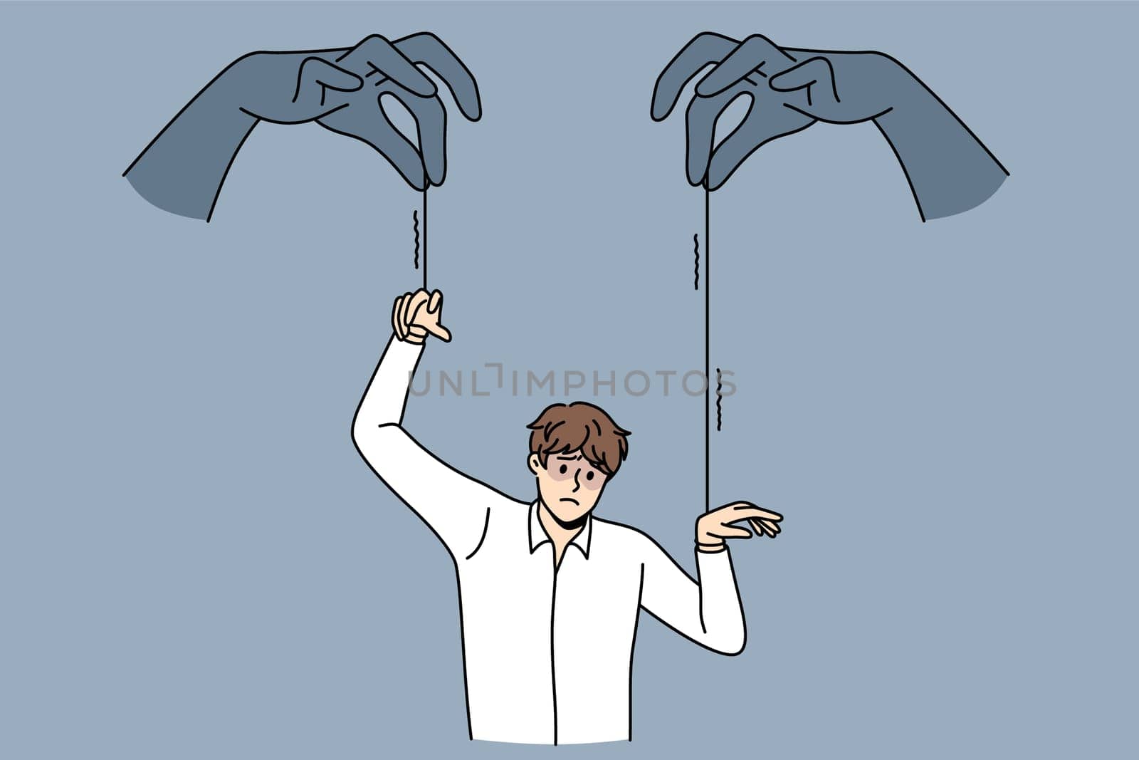 Influence pressure and marionette concept. Human hands with threads influencing and making move young frustrated stressed businessman vector illustration