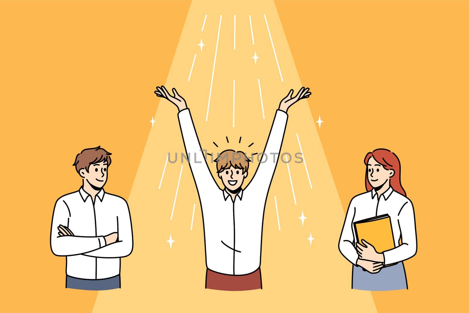 Business success and enlightenment concept. Group of three business people colleagues standing with golden light with stars going from above meaning success and development vector illustration
