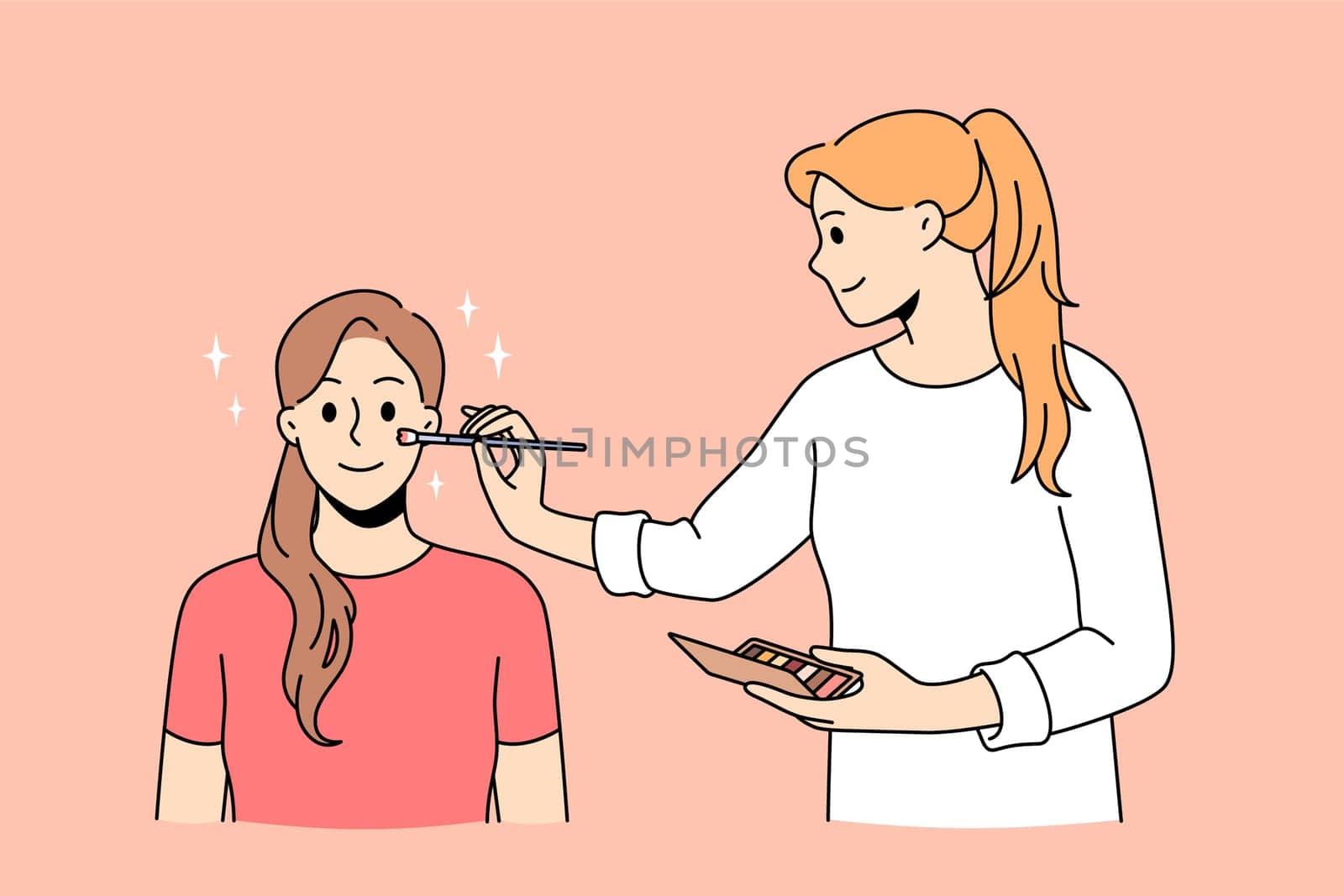 Beauty and make up concept. Young smiling woman artist doing make up working with skin of girl client sitting and waiting for perfect face vector illustration