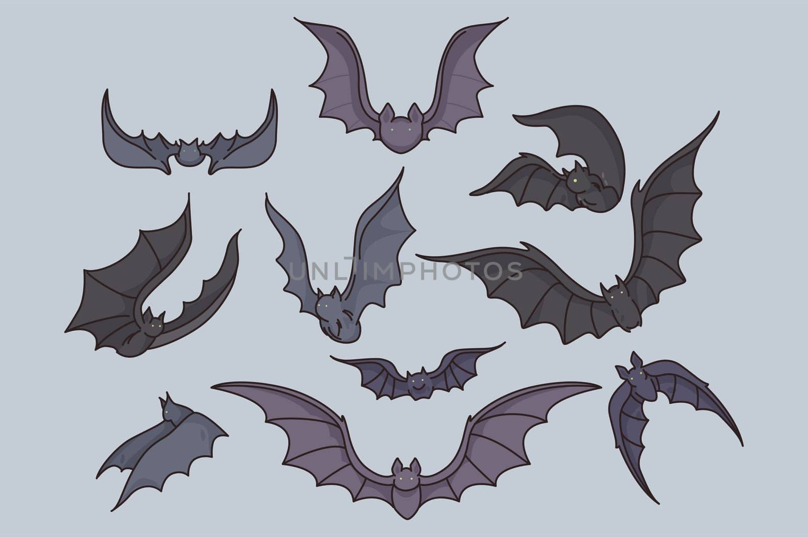 Set of bats flying. Collection for Halloween holiday celebration or party decoration. Flat design, vector illustration.