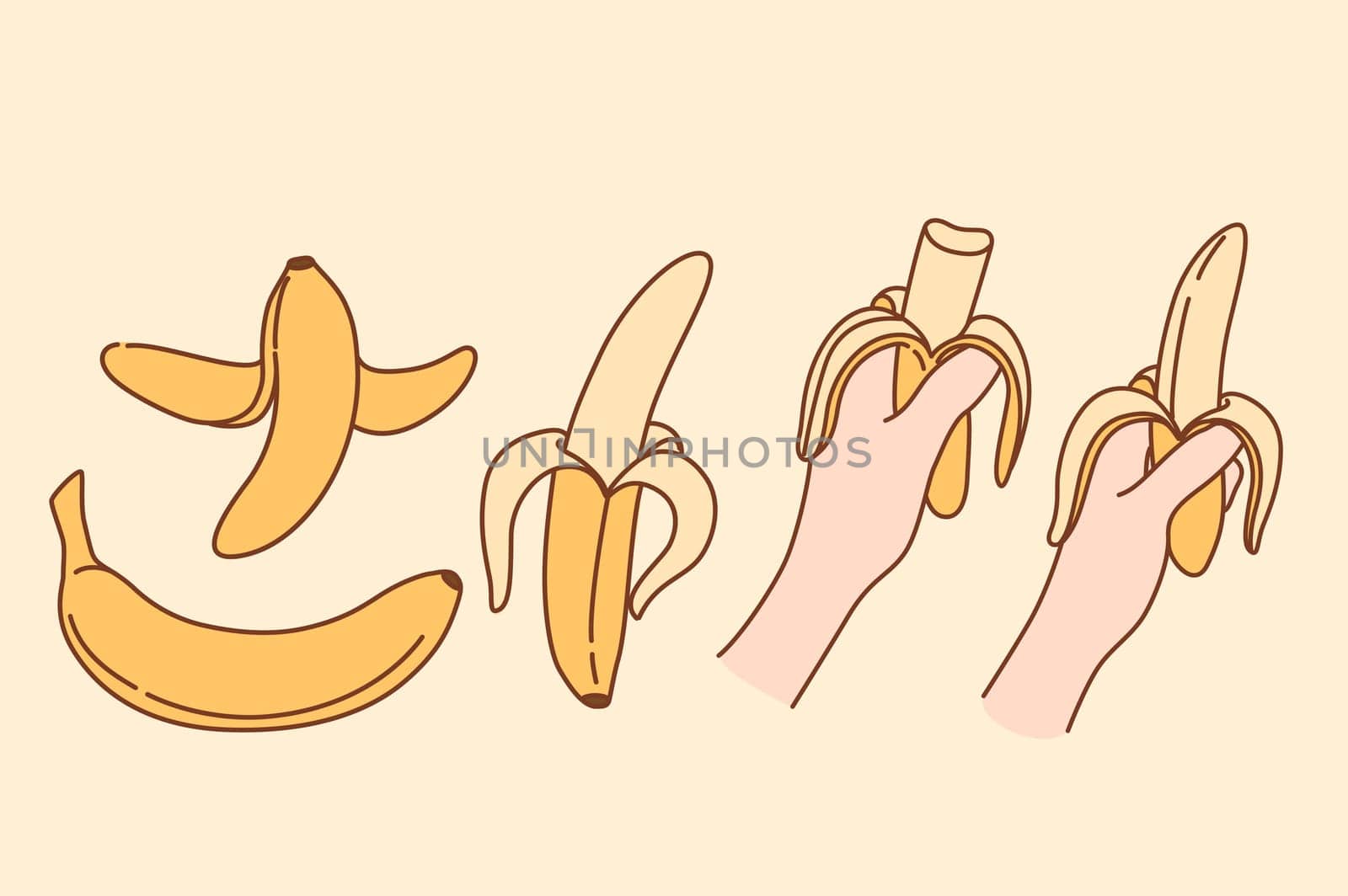 Set of ripe organic bio banana. Collection of people eating tropical exotic fruit. Bundle of nature fresh vitamin product. Garden and farming. Healthy habit. Cartoon character.