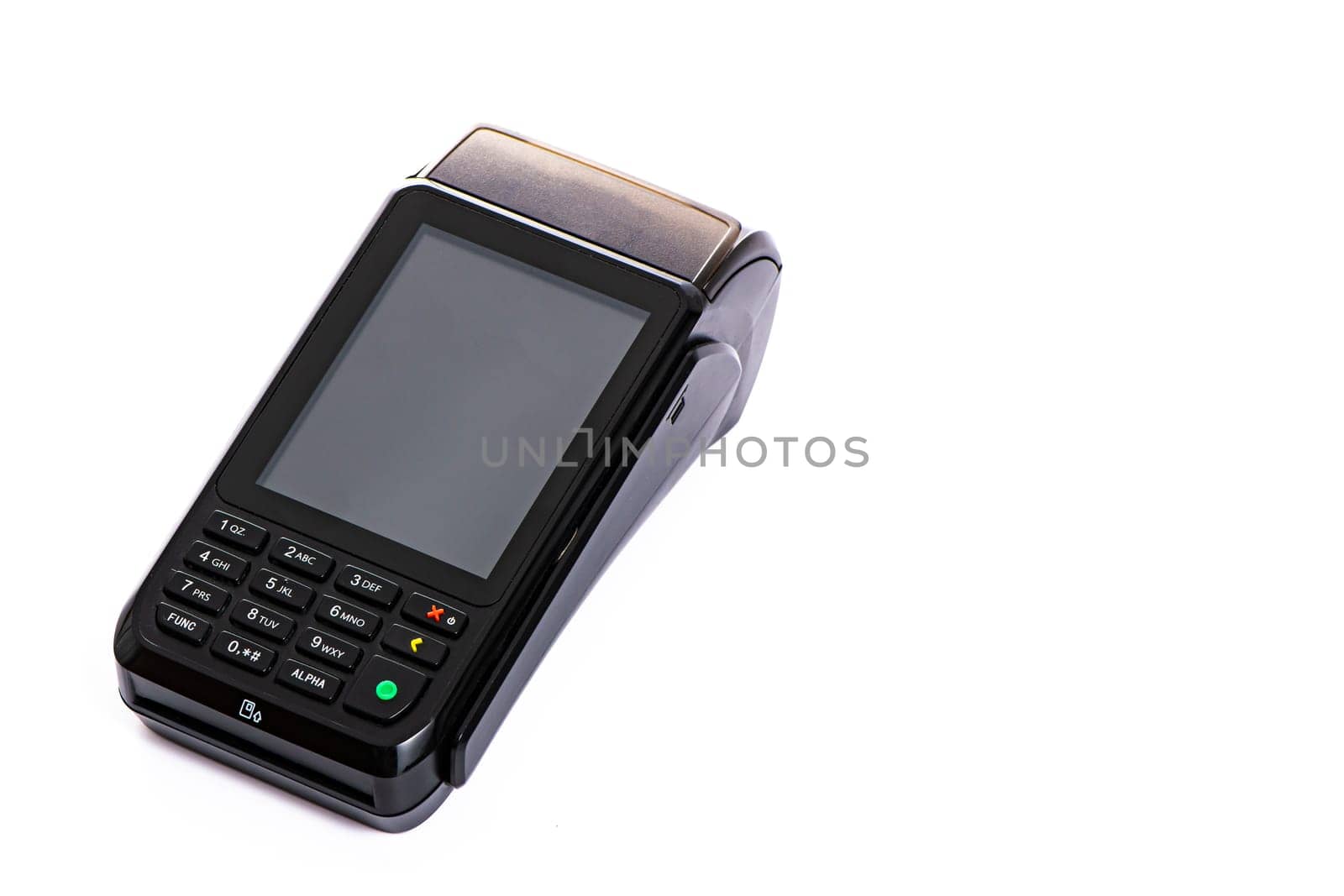 black payment terminal close-up for accepting money from plastic cards from customers on a white isolated background, copy space