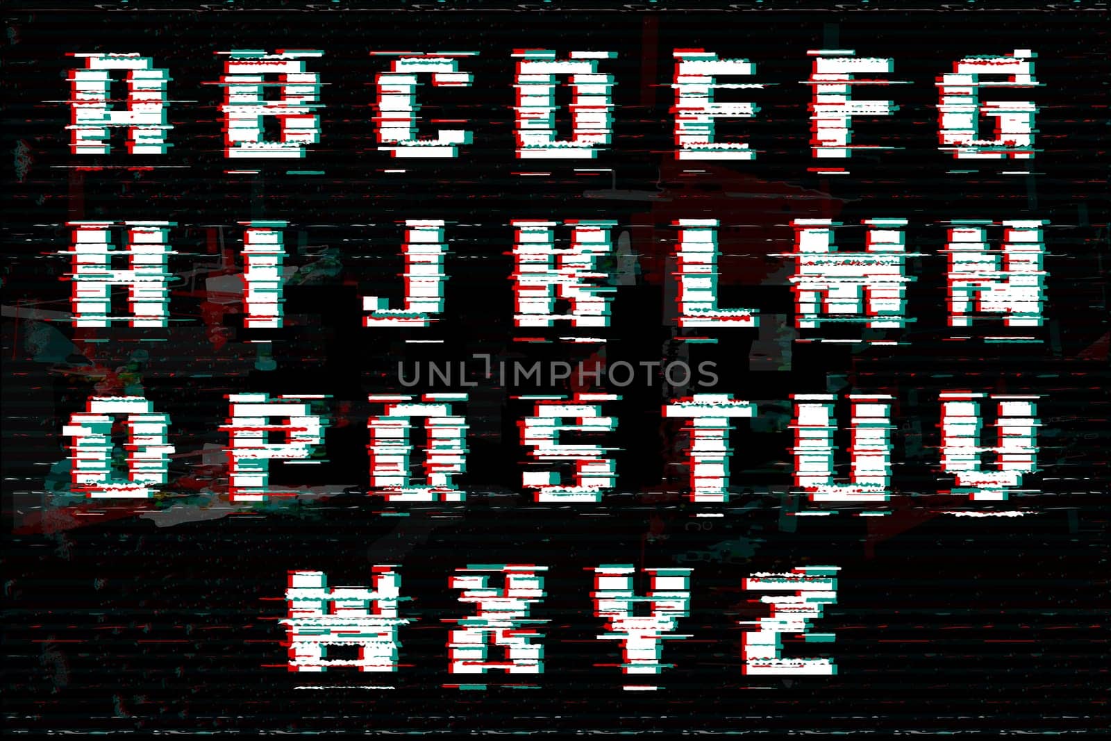 Alphabet with glitch and noise effect. Perfect style for digital illustrations. Vector abstract technology font