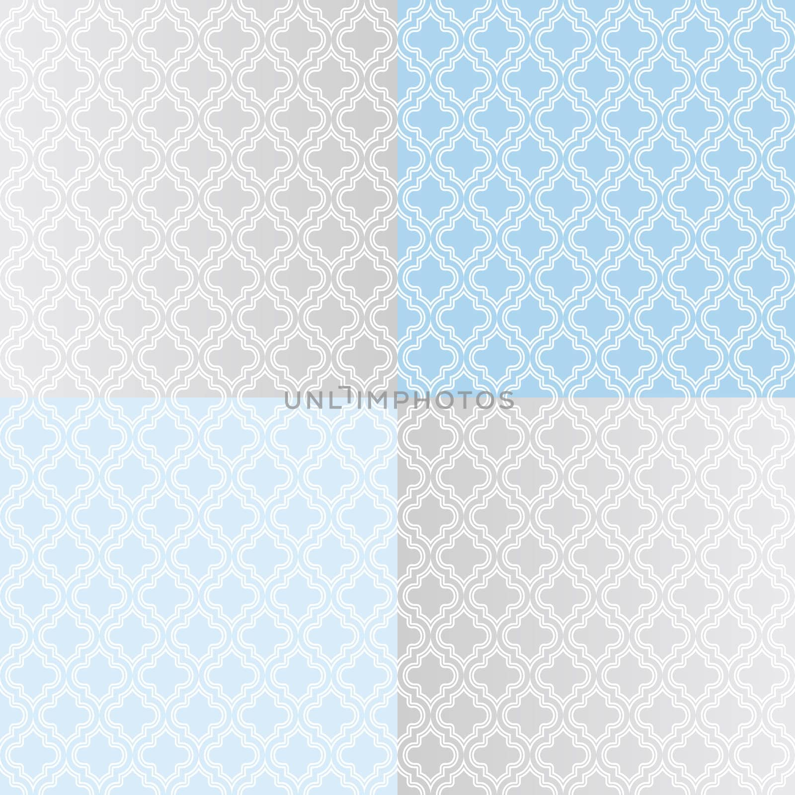 Isolated abstract blue and purple color backgrounds set. Cross in rhombus pattern collection. Seamless texture. Interior design elements. Old fashioned wallpaper. Tile decoration. Vector illustration