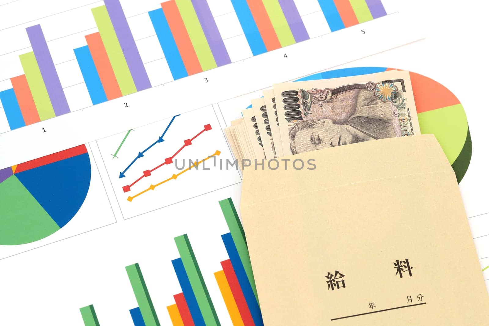 Japanese ten thousand yen bills and a salary bag on graph printed documents, Translation: Salary.