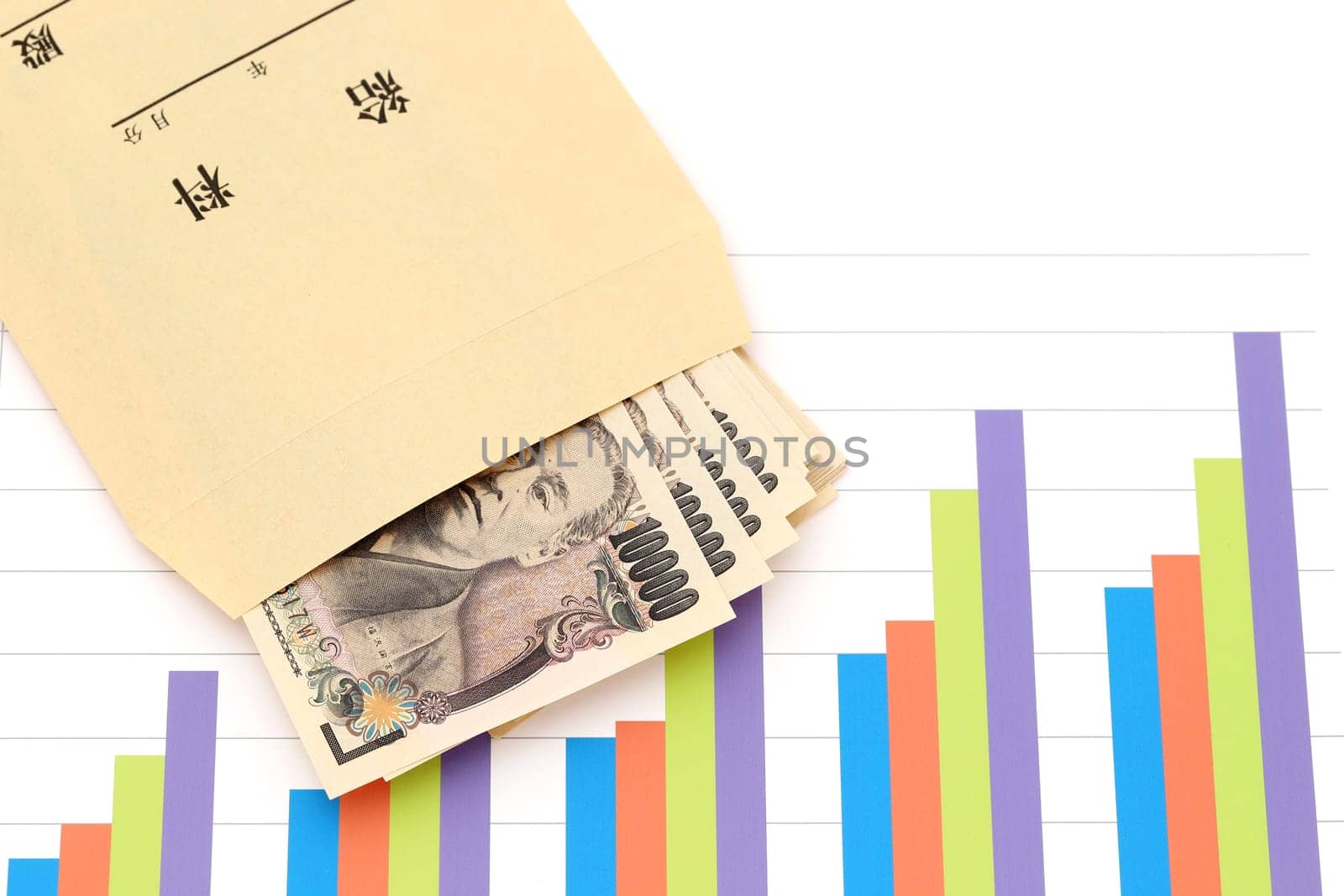 Japanese ten thousand yen bills and a salary bag on graph printed documents, Translation: Salary.