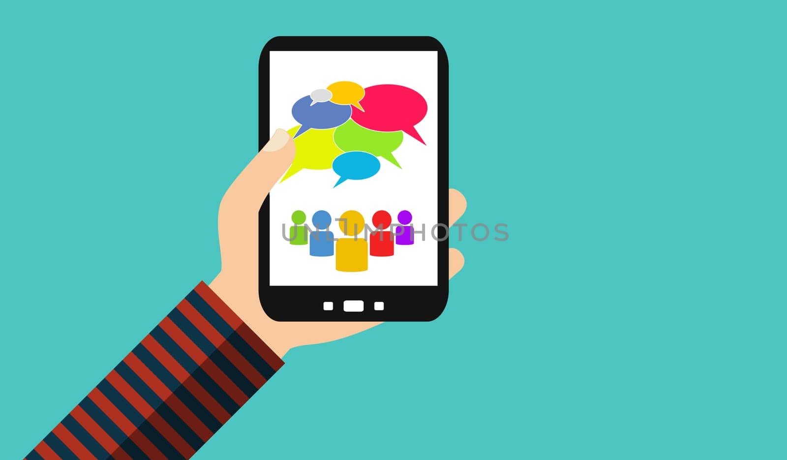 Hand with smartphone showing colorful speech bubbles and community
