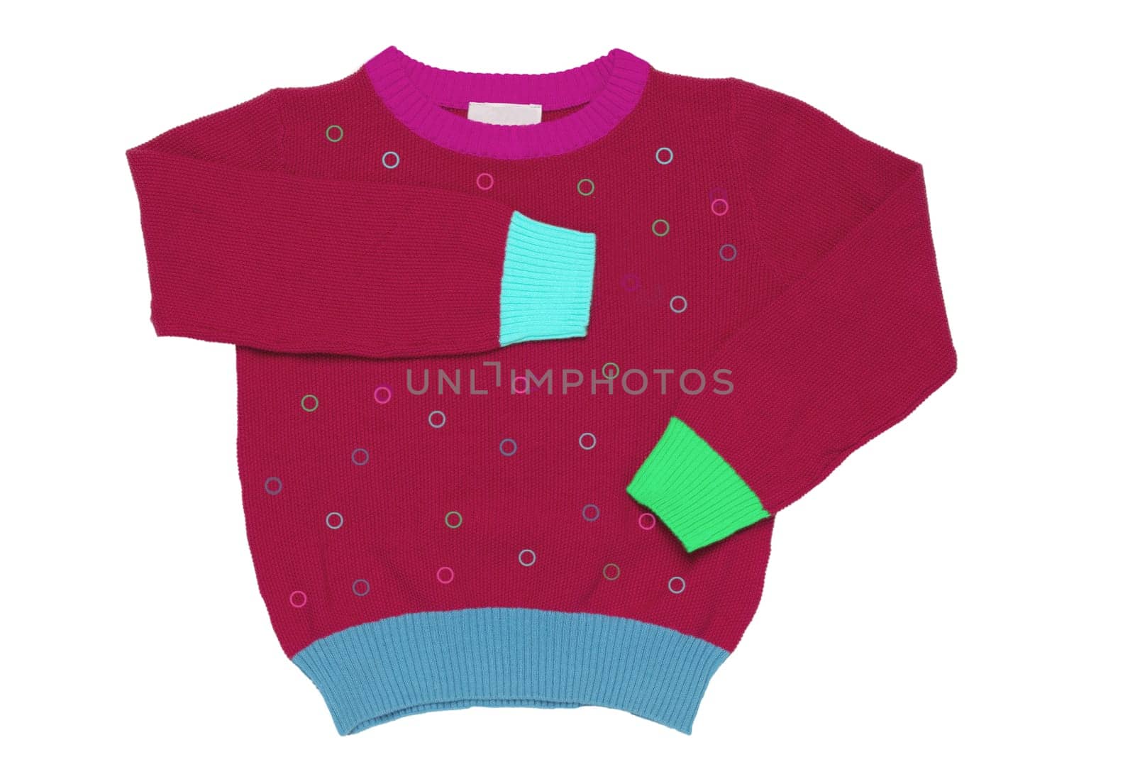 Top view of clothes for child boy isolated on a white background. A beautiful red little child sweater or knitted cardigan. Autumn and winter fashion for kids.