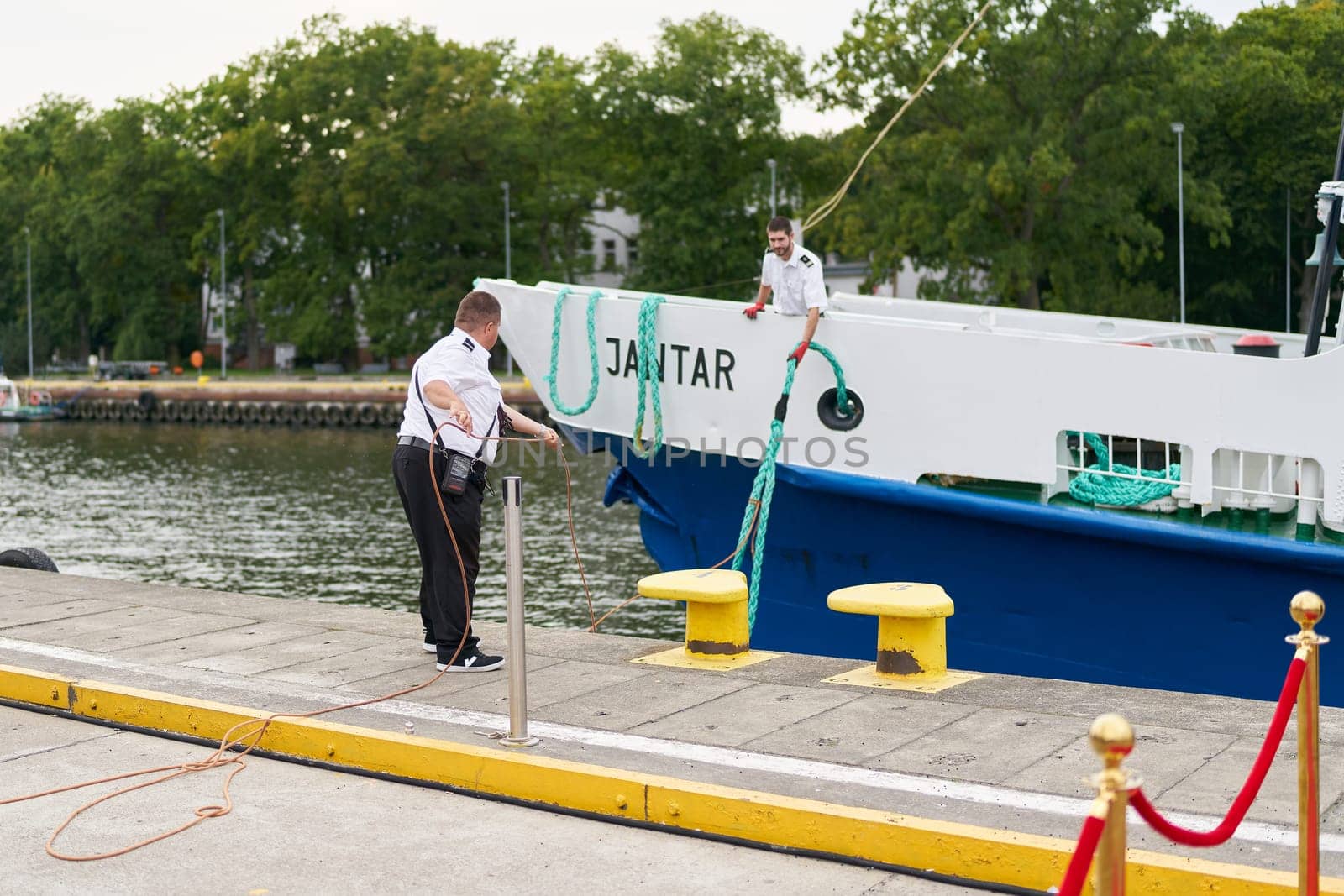 Mooring of the passenger ship Jantar in the port of Kolobrzeg on the Polish Baltic coast