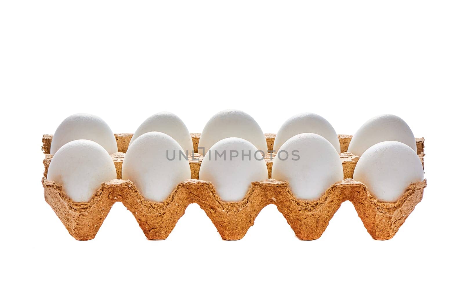 A dozen eggs on a cardboard stand on a white isolated background. High quality photo