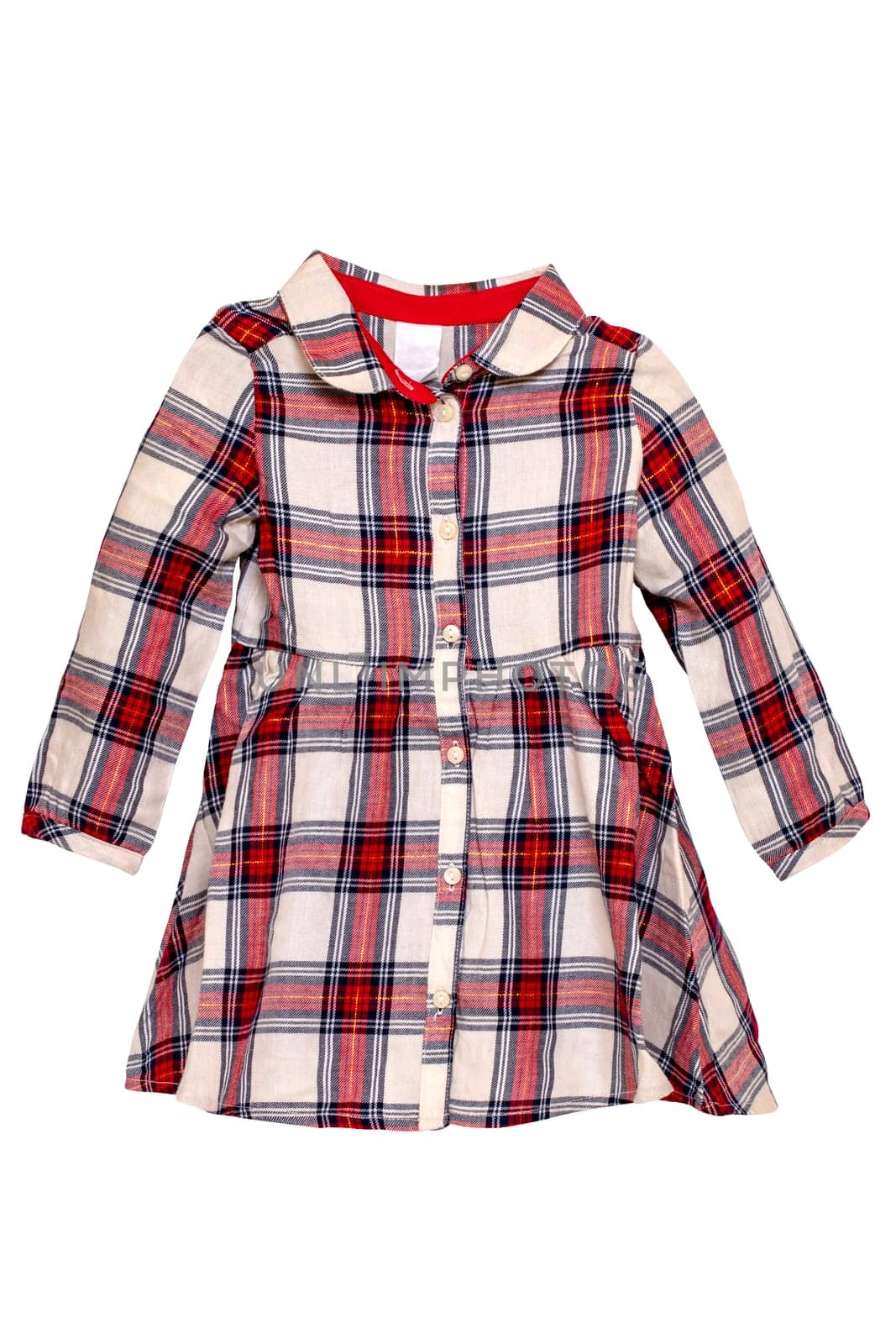 Summer dress isolated. Close-up of a beautiful red white checkered little girl dress with long sleeves isolated on a white background. Children autumn fashion.