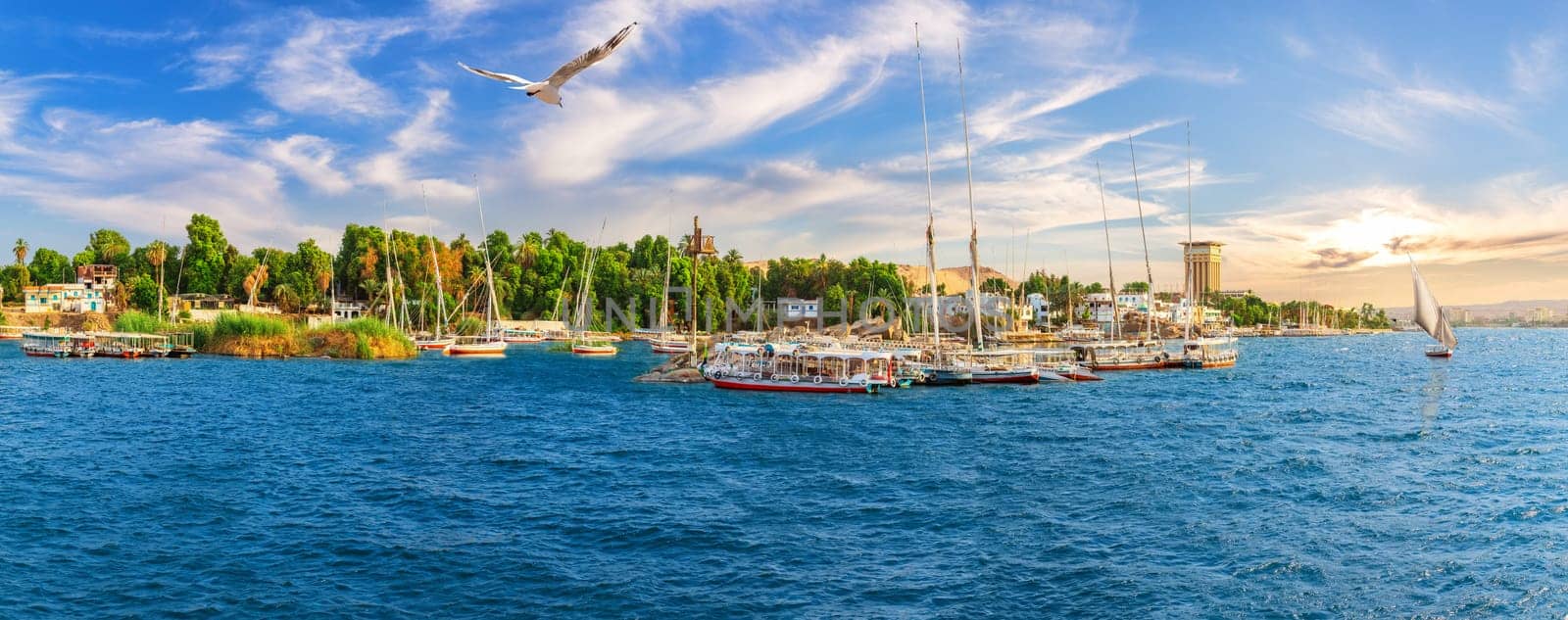 Nile scenery with boats and Aswan landscape, Egypt.