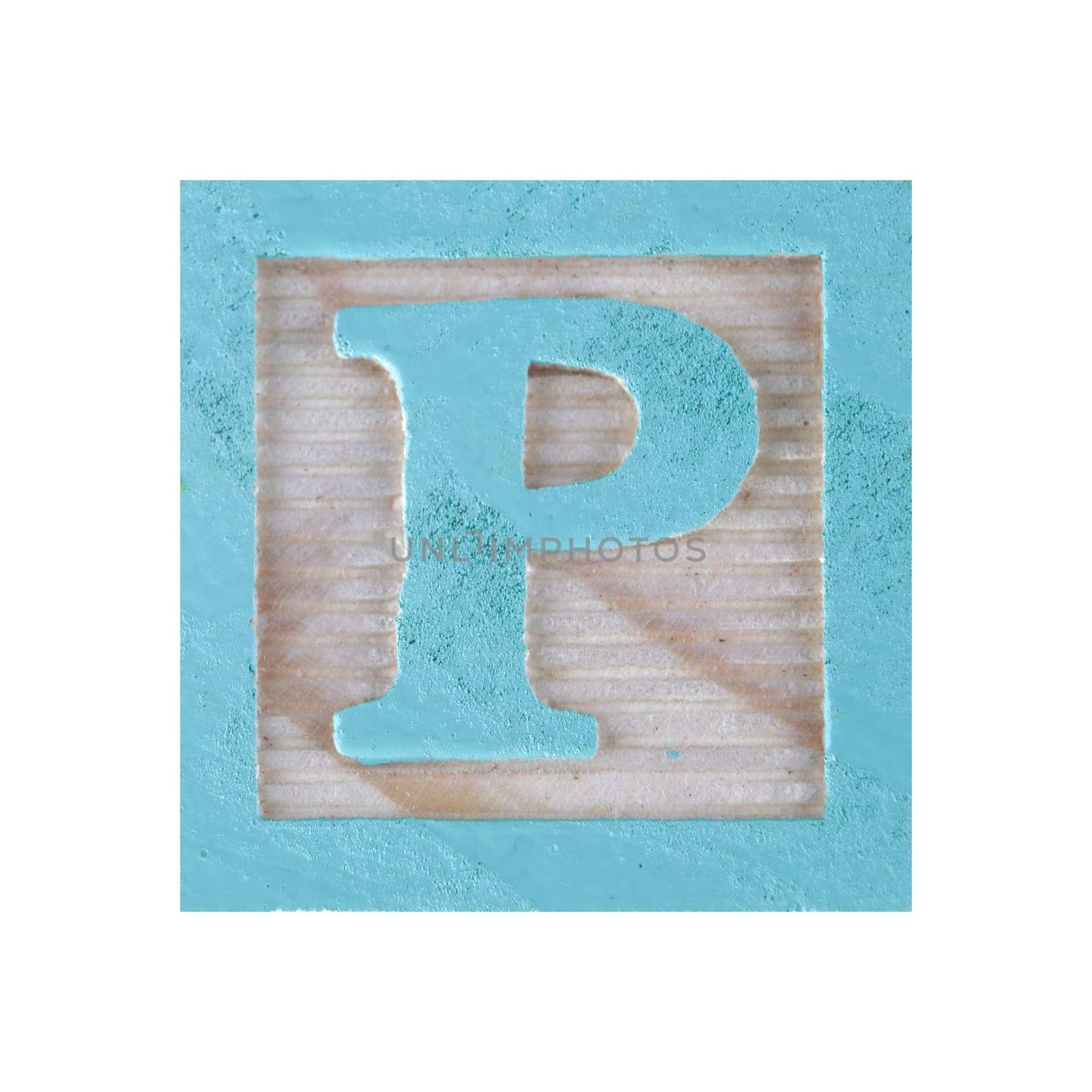 A Letter P childs wood block on white with clipping path