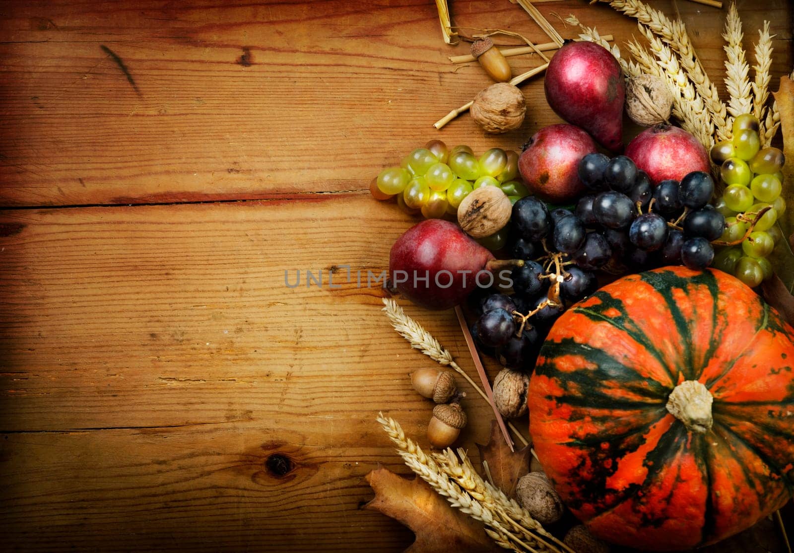 Autumn concept with seasonal fruits and vegetables