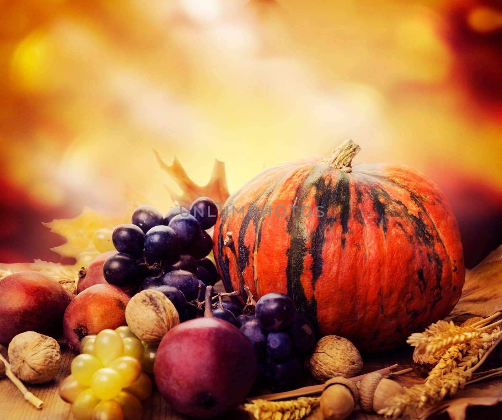Autumn concept with seasonal fruits and vagetables