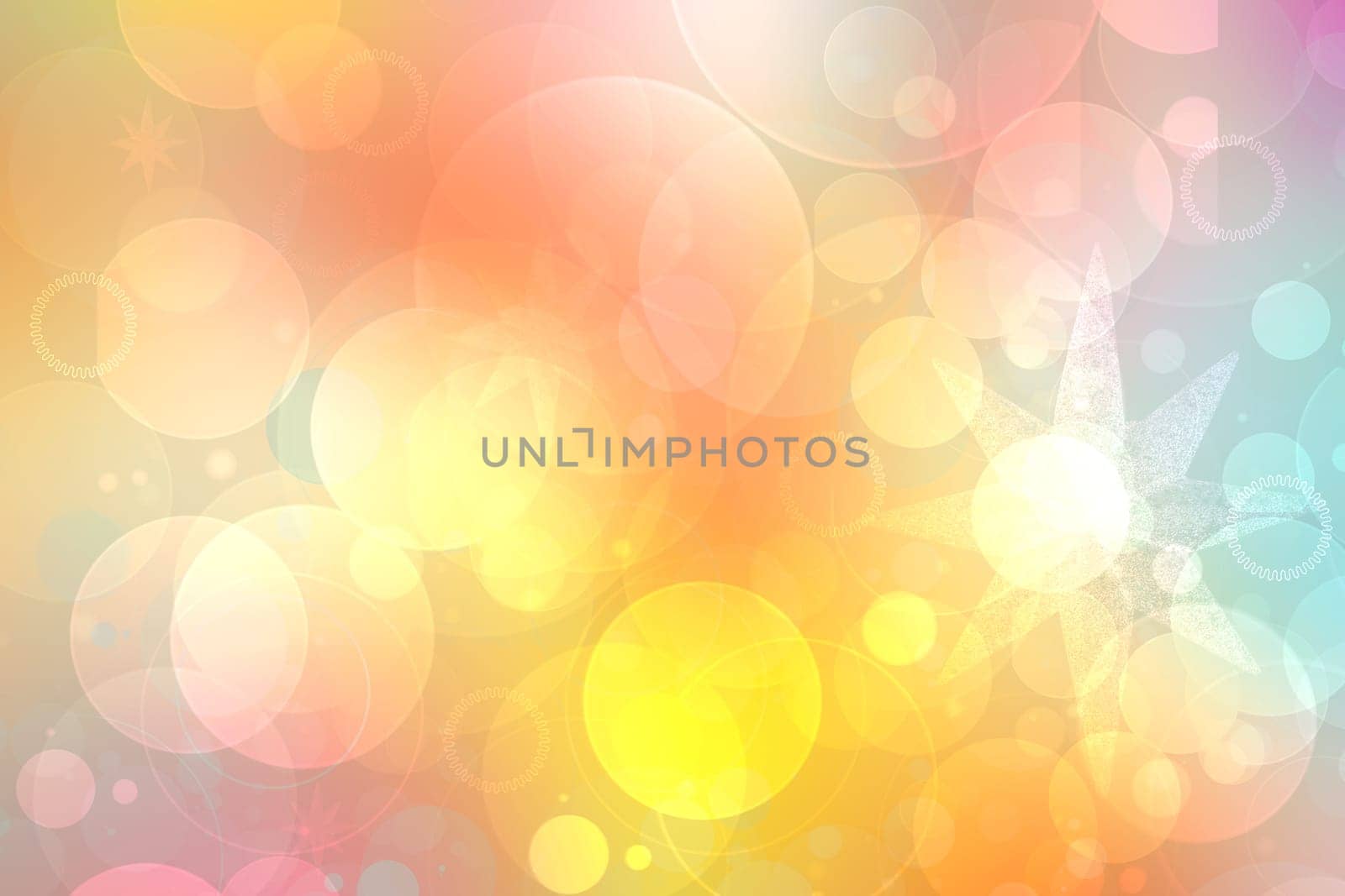 Abstract blurred fresh vivid spring summer light delicate pastel yellow pink orange turquoise bokeh background texture with bright circular soft color lights. Beautiful backdrop illustration.