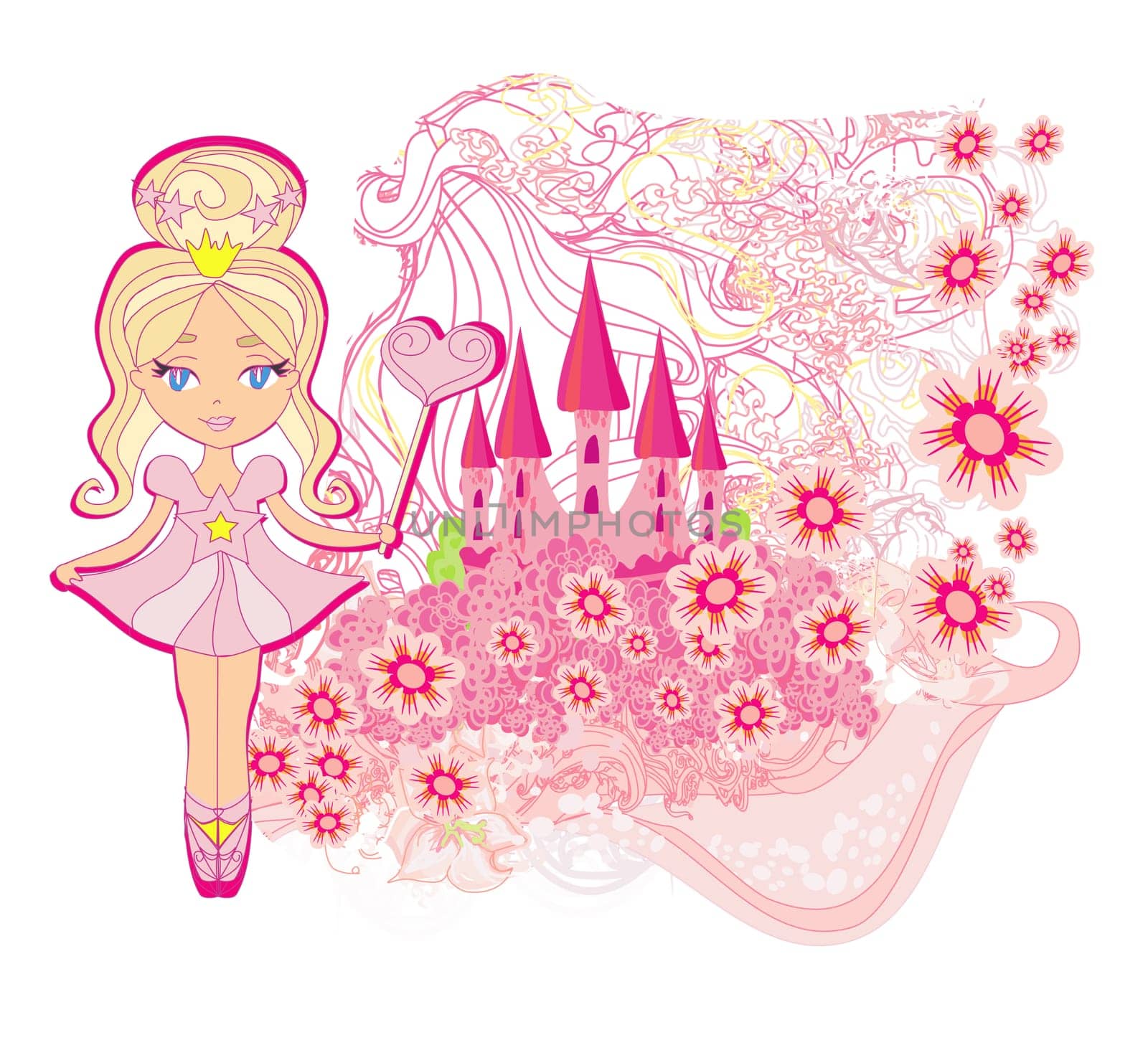 Magic Fairy Tale Princess Castle and beautiful little fairy, artistic banner