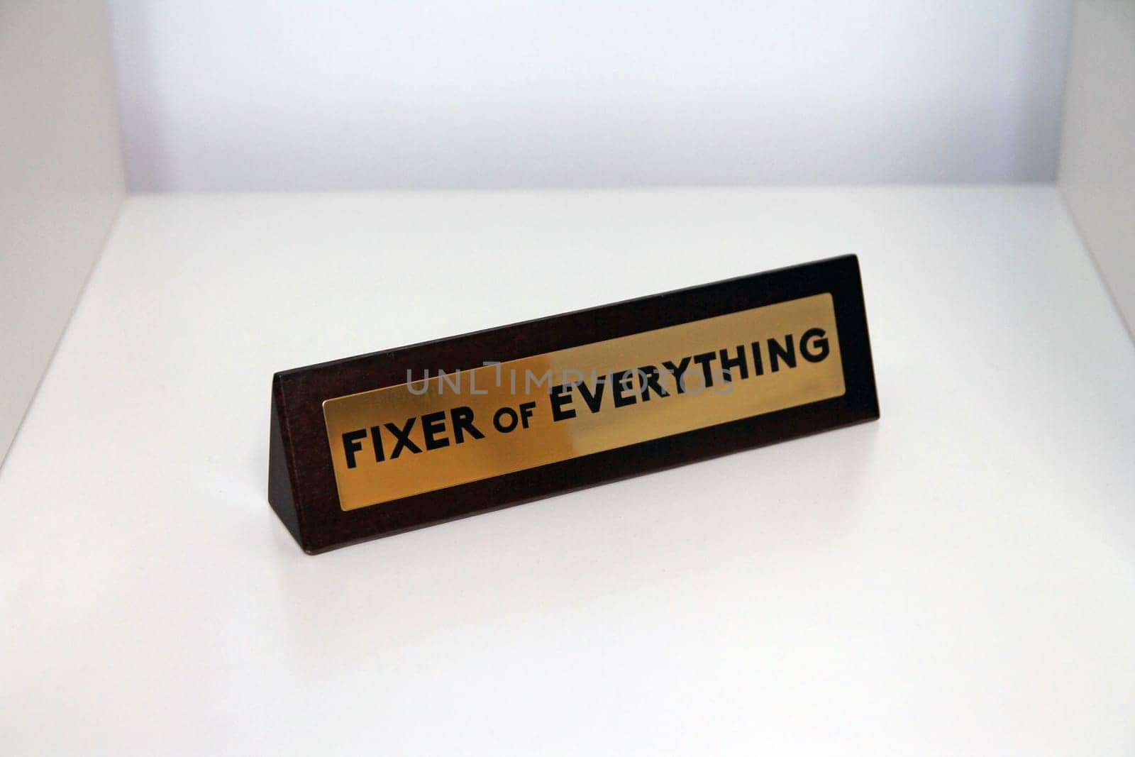 Fixer of Everything wood and metal sign on a white shelf in office life