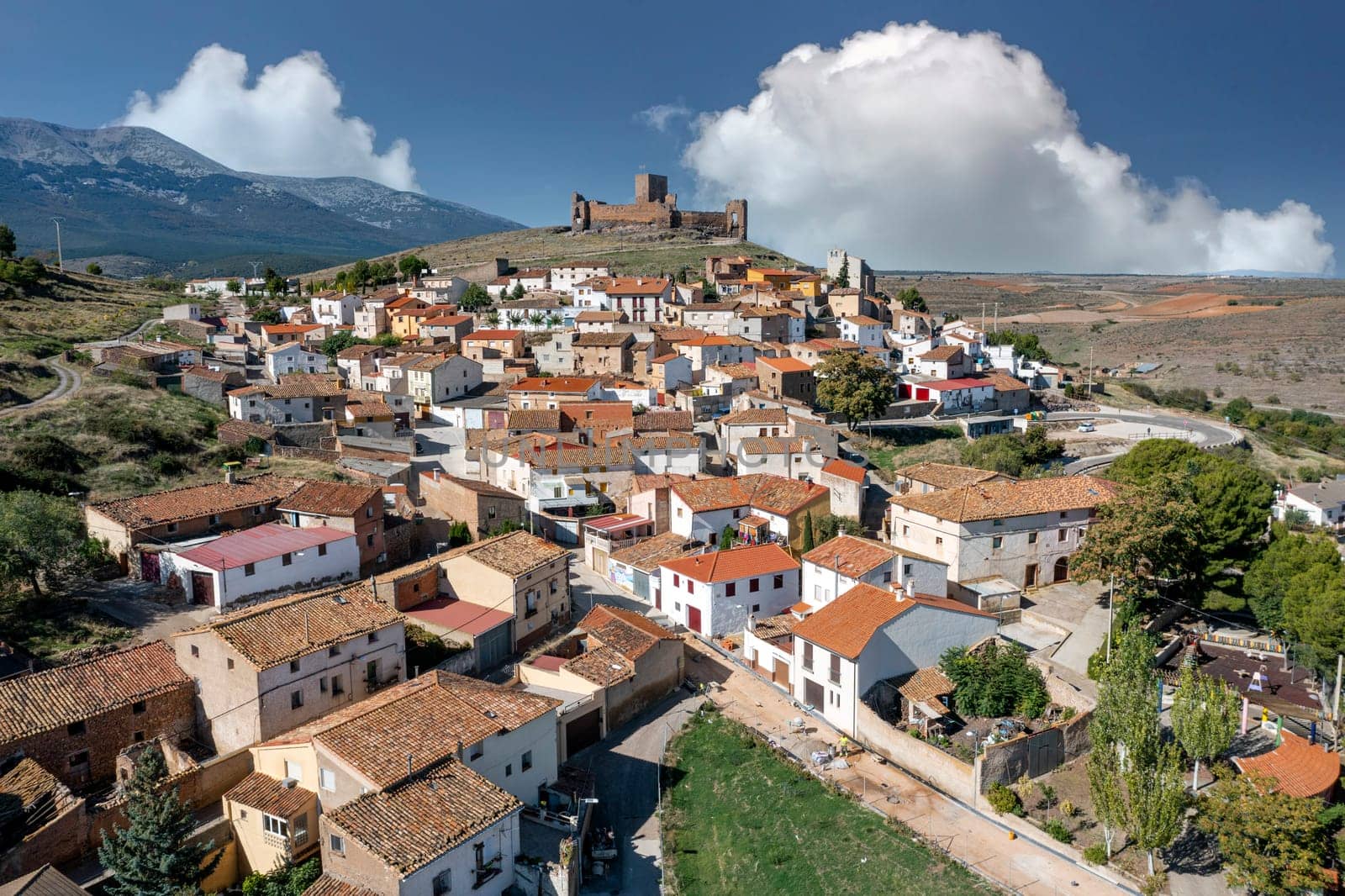 Trasmoz, Spain - November 6, 2021: Panoramic aerial view of Trasmoz Castle, 13th century medieval fortress, Tarazona region, Zaragoza province, Spain.