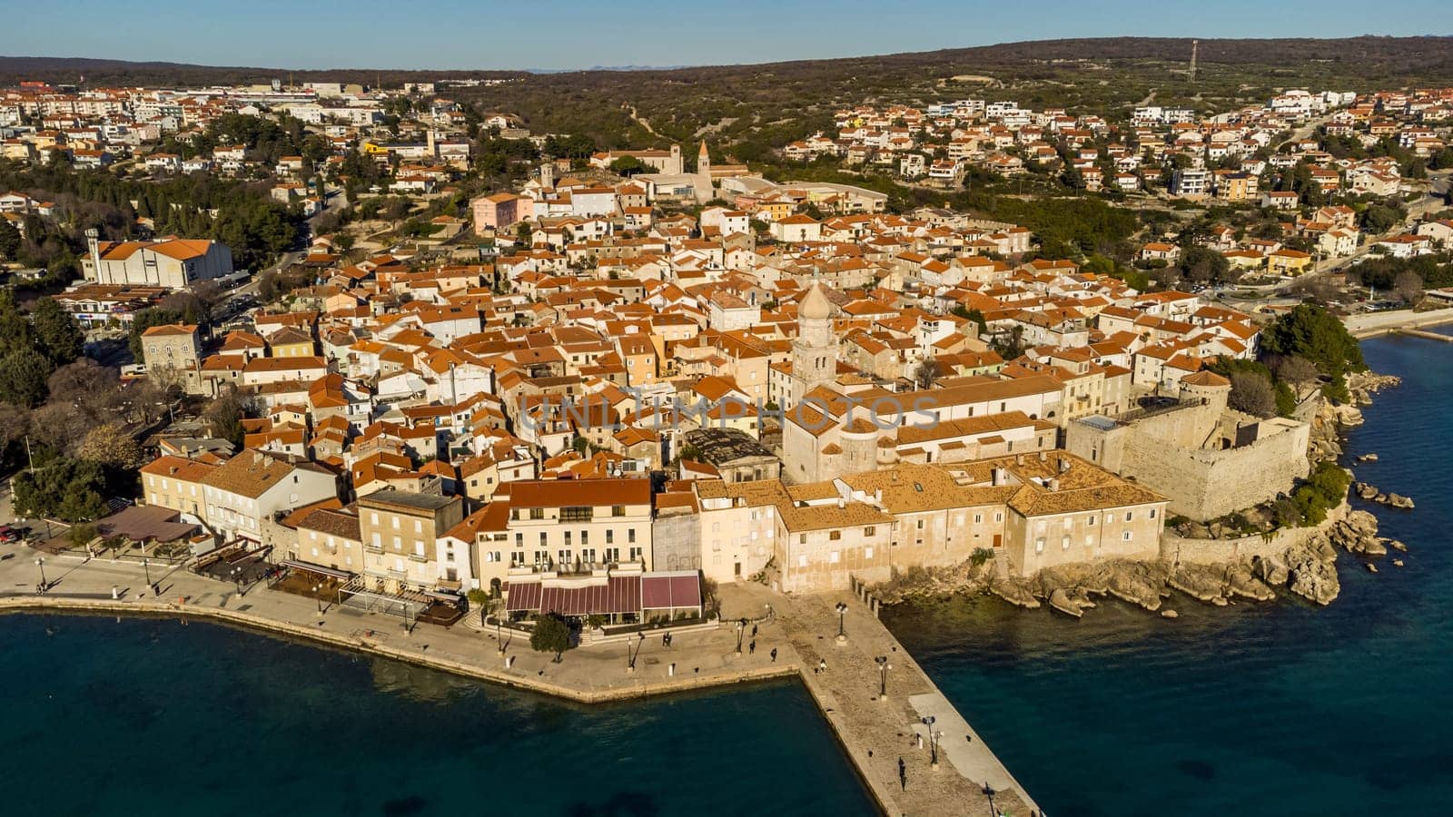 Aerial view of historic Adriatic town of Krk , Island of Krk, Kvarner bay of Adriatic sea, Croatia, Europe.
