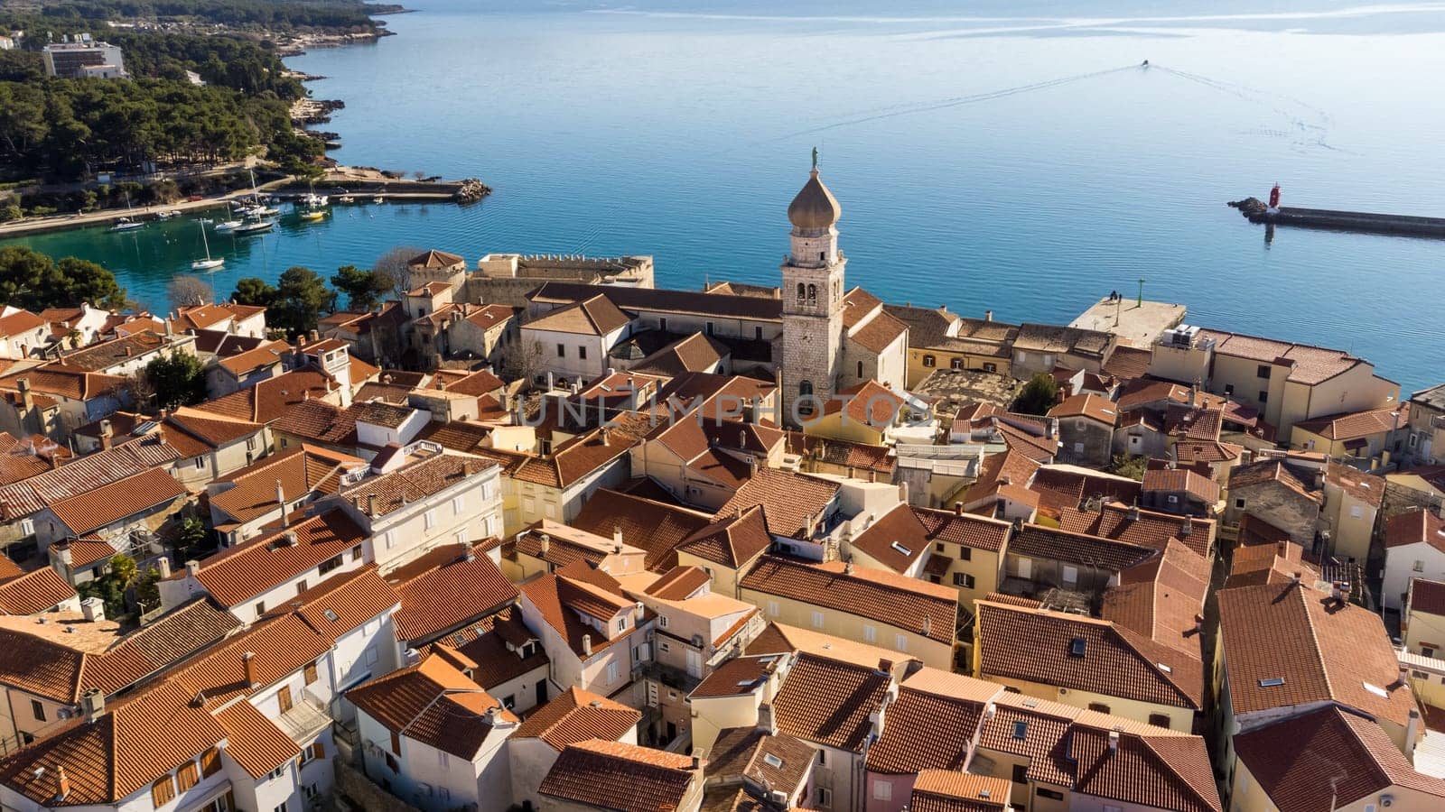 Aerial view of historic Adriatic town of Krk , Island of Krk, Kvarner bay of Adriatic sea, Croatia, Europe.