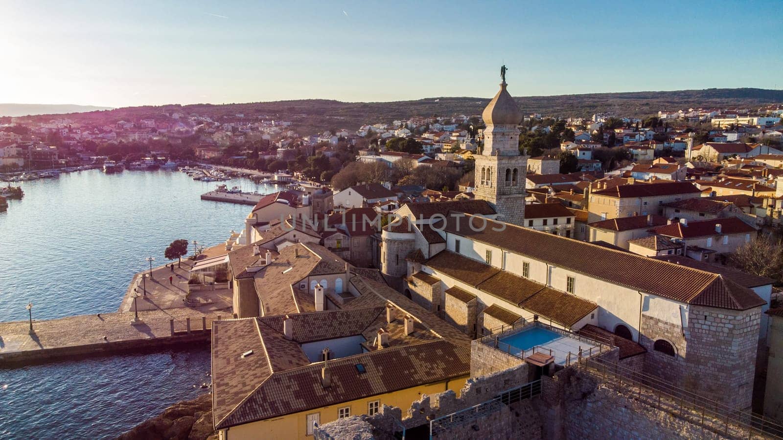Aerial view of historic Adriatic town of Krk , Island of Krk, Kvarner bay of Adriatic sea, Croatia, Europe.