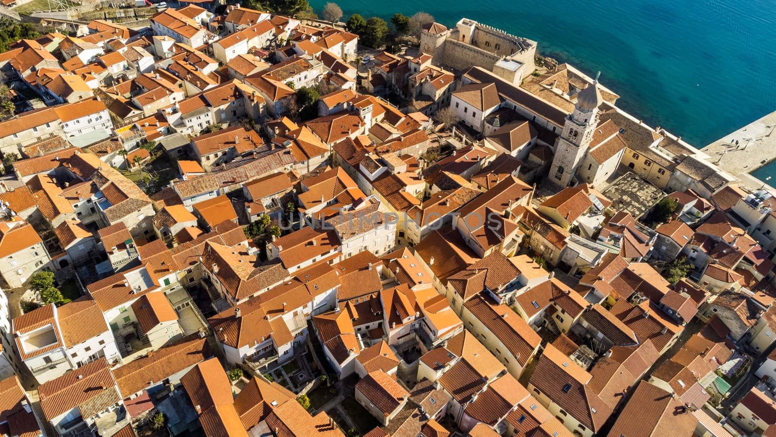 Aerial view of historic Adriatic town of Krk , Island of Krk, Kvarner bay of Adriatic sea, Croatia, Europe.