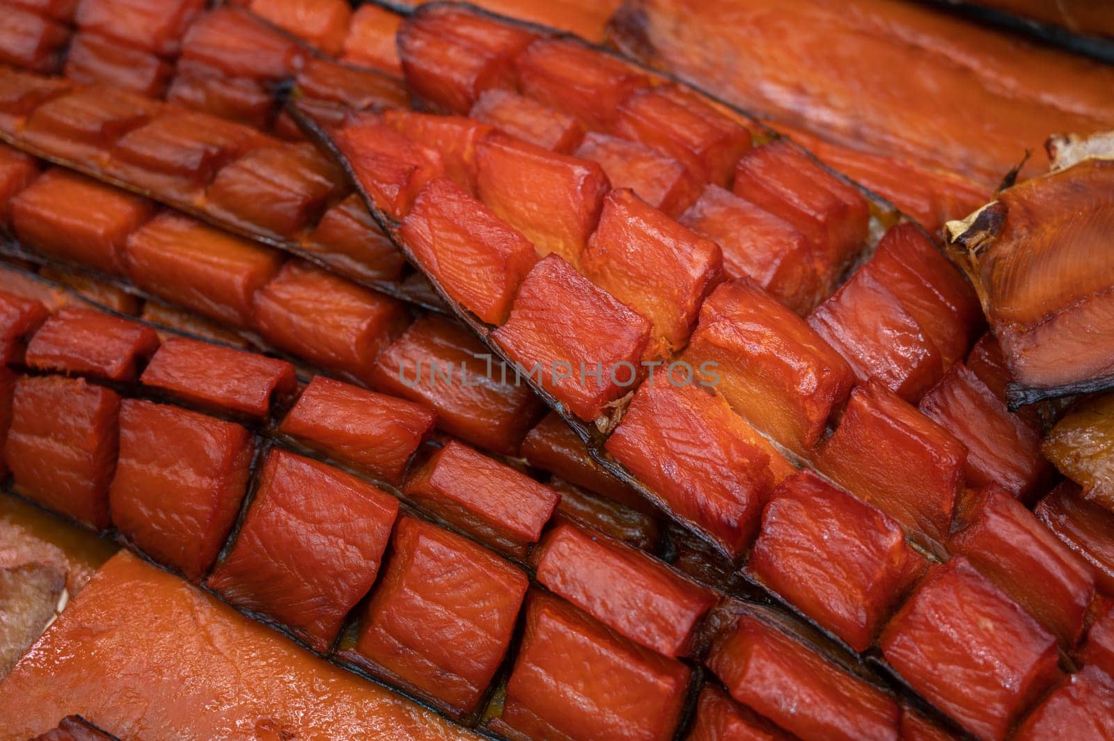 Various smoked fish products. Healthy eating and fish market concept