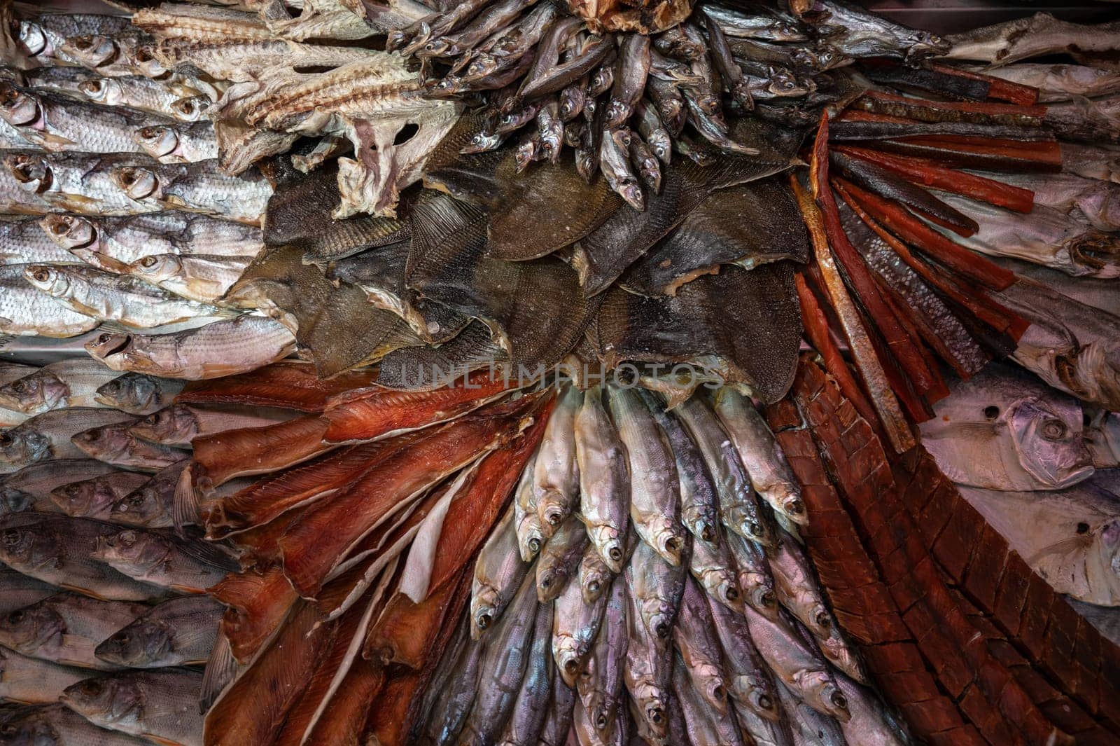 Various smoked fish products. Healthy eating and fish market concept