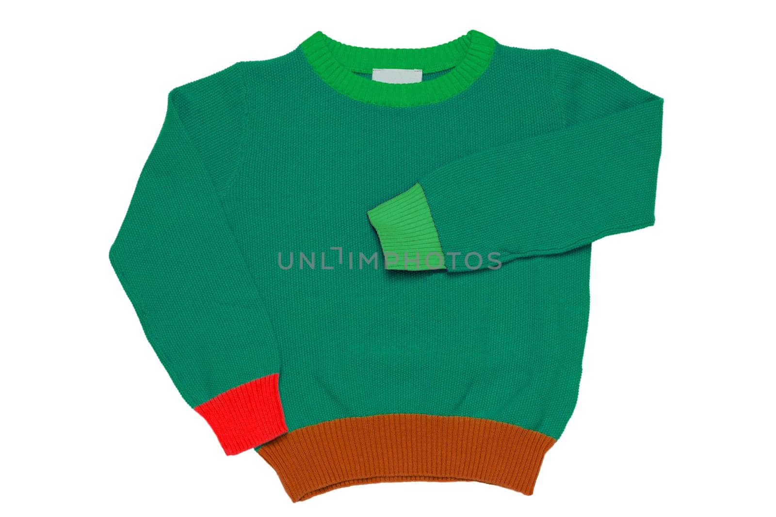 Top view of clothes for child boy isolated on a white background. A beautiful green little child sweater or knitted cardigan. Autumn and winter fashion for kids.
