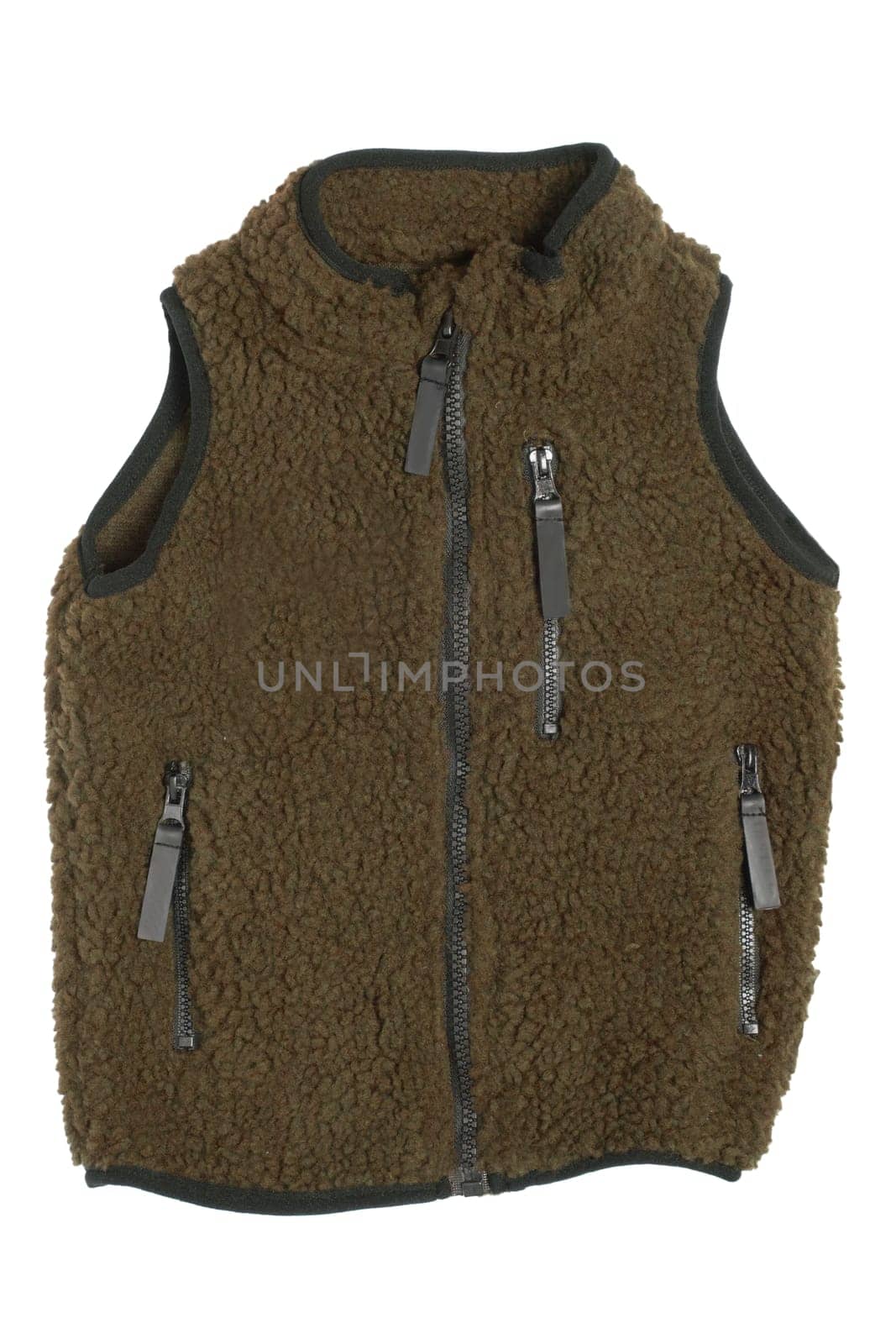 Fur vest. A olive-green fur vest with wool lining fabric and zipper for the little boy isolated on a white background. Child spring and autumn fashion.