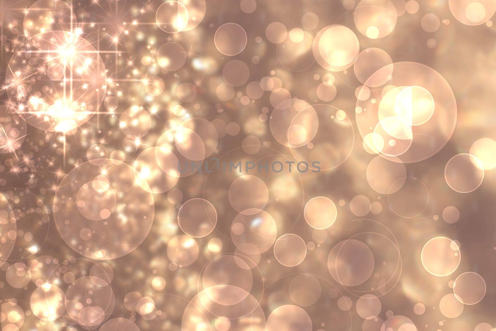 A festive abstract brown pink background texture with glittering and sparkling bokeh stars and white circles. Card concept for Happy New Year, party, invitation, Valentine's Day or other holidays.